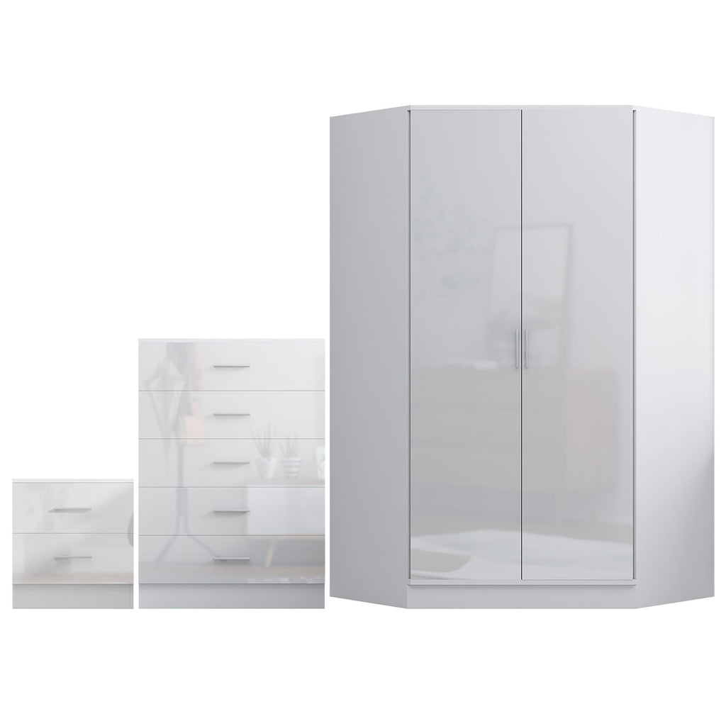 REFLECT Gloss 4pc Set - 2 Door Corner Wardrobe + 5 Draw Chest + Bedside