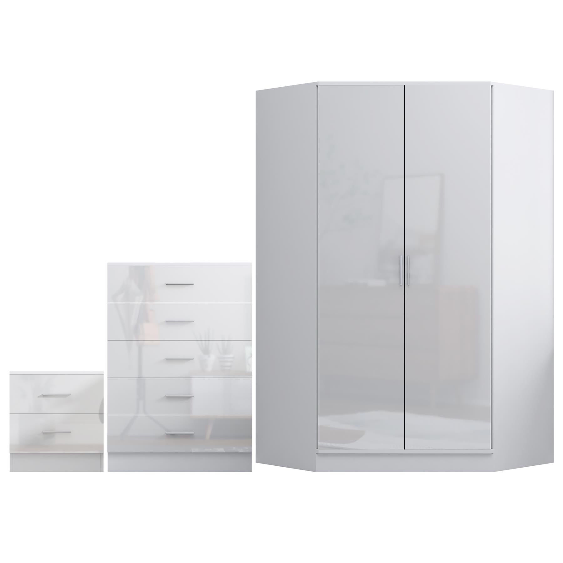 REFLECT Gloss 4pc Set - 2 Door Corner Wardrobe + 5 Draw Chest + Bedside