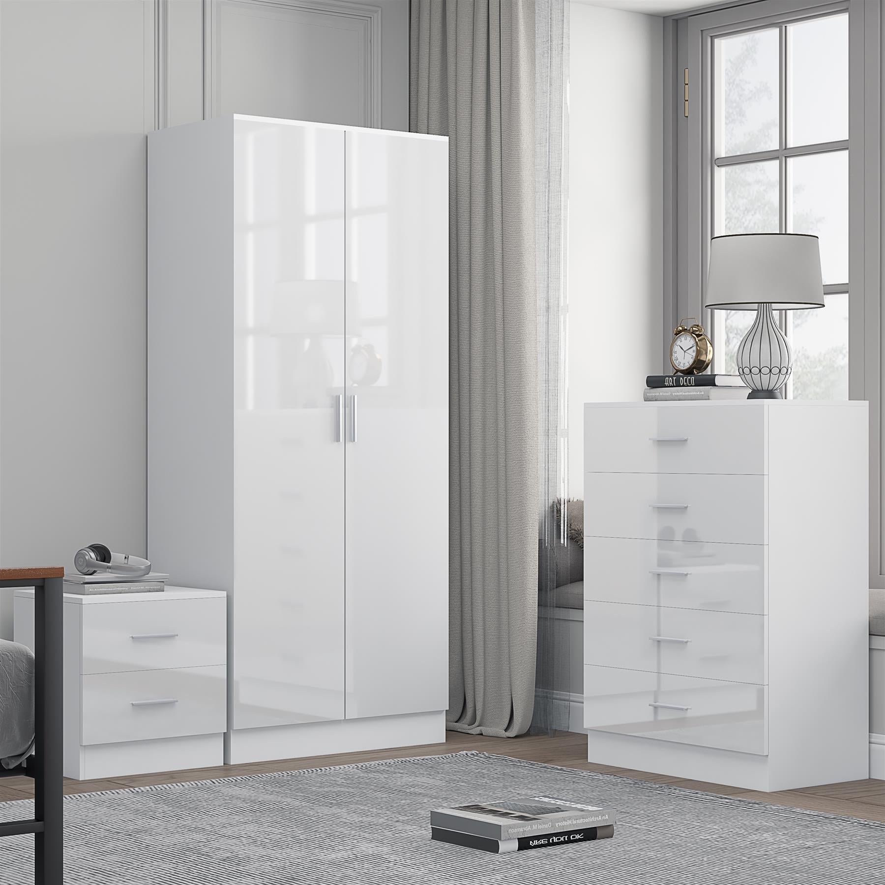 Reflect 2 Door Plain Wardrobe, 5 Drawer Chest, 2 Drawer Bedside - White Gloss & Matt White - Modern Bedroom Furniture Set