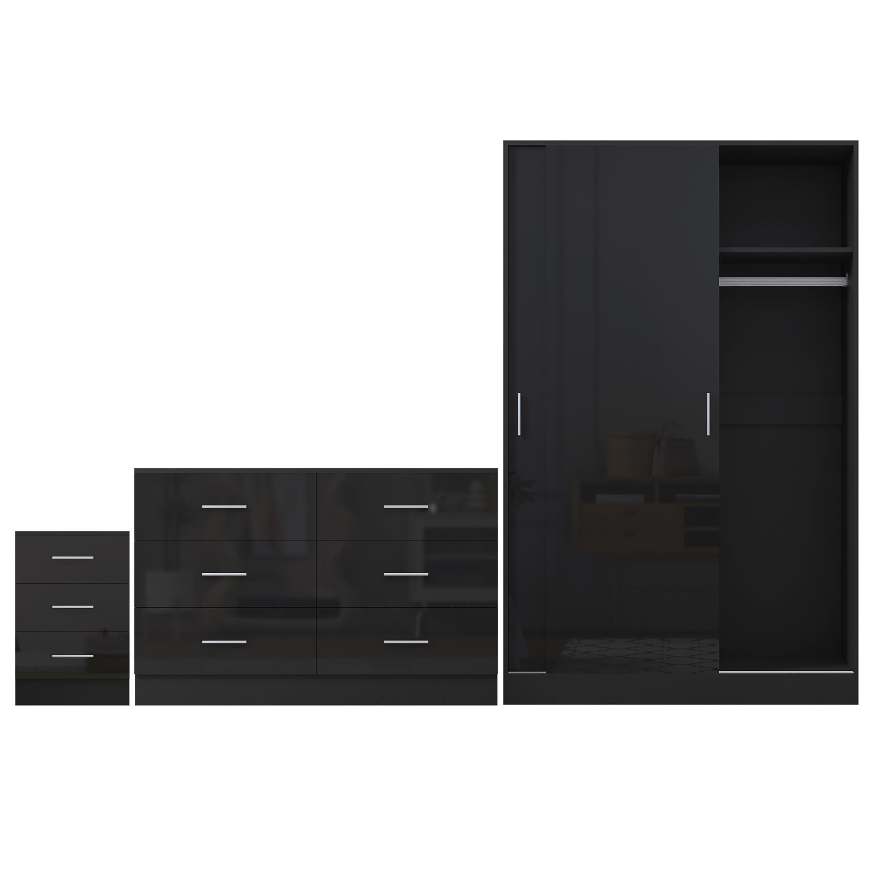 Reflect 2 Door Sliding Wardrobe, 6 Drawer Wide Chest, 3 Drawer Bedside - Black Gloss & Black Oak - Modern Bedroom Furniture Set