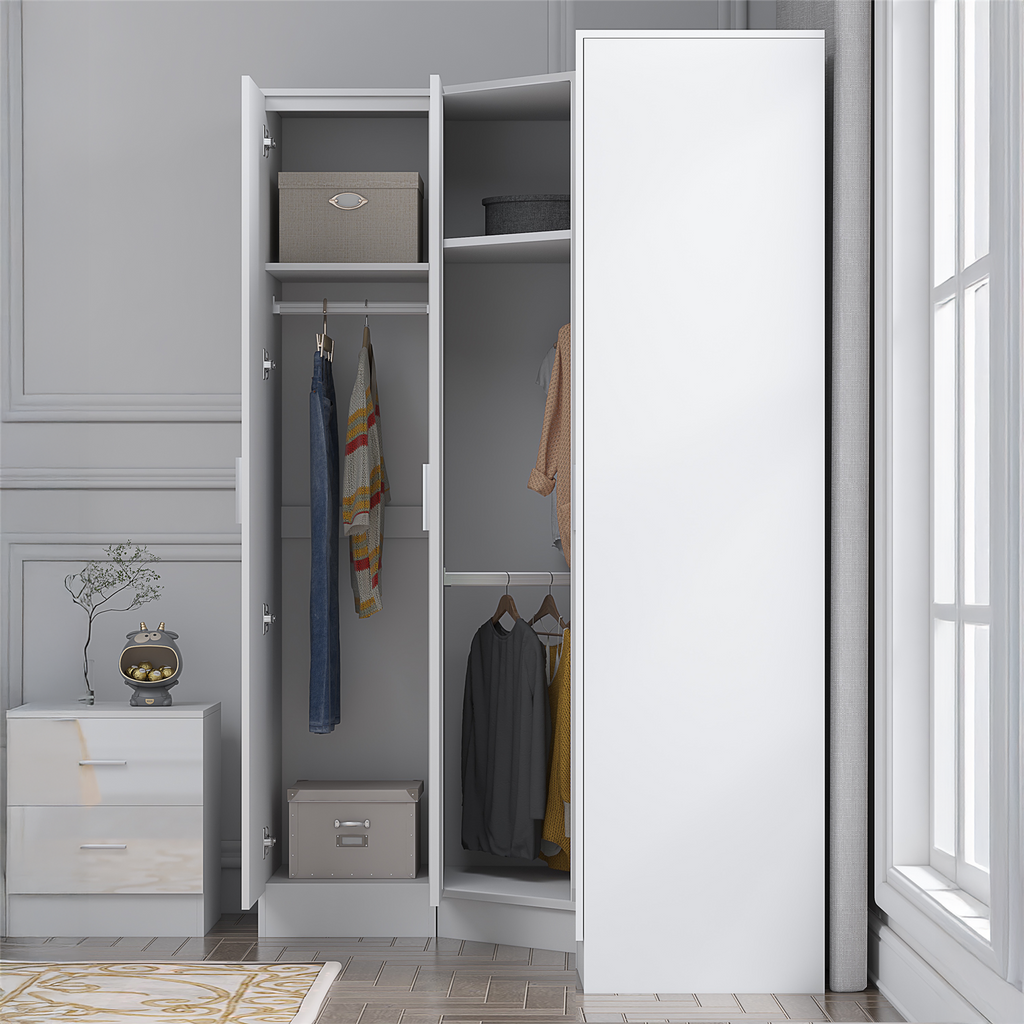 REFLECT - 1 Door Corner + 2x 1 Door Plain Wardrobe in Gloss White / Matt White