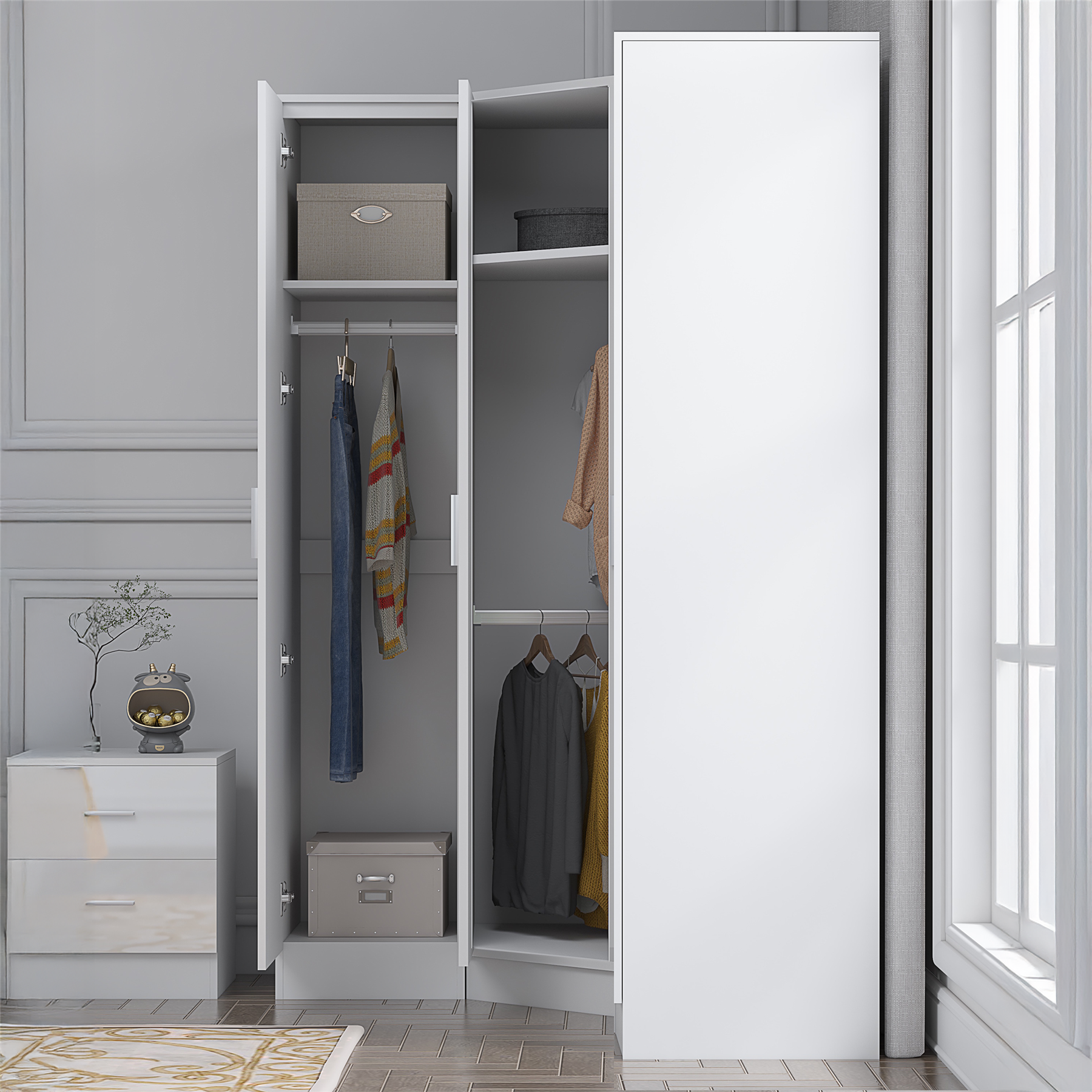 REFLECT - 1 Door Corner + 2x 1 Door Plain Wardrobe in Gloss White / Matt White