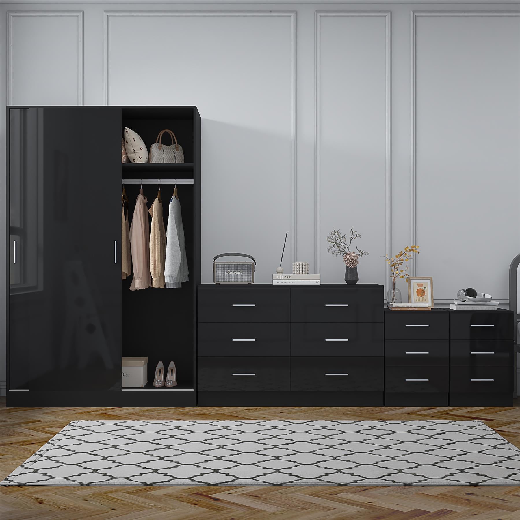 Reflect 2 Door Sliding Wardrobe, 6 Drawer Wide Chest, 2x3 Drawer Bedsides - Black Gloss & Black Oak - Modern Bedroom Furniture Set