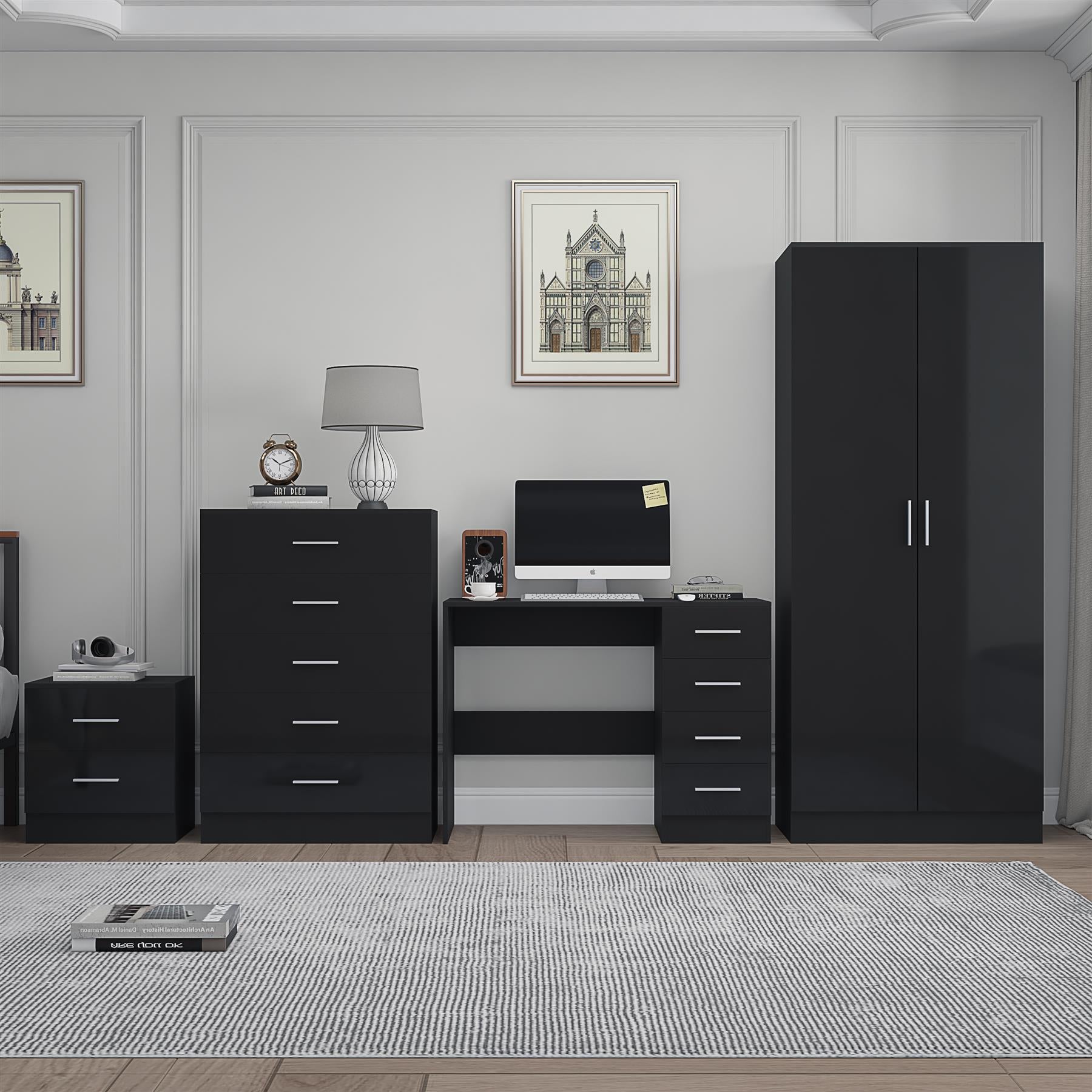 Reflect 2 Door Plain Wardrobe, 5 Drawer Chest, 2 Drawer Bedside & Desk - Black Gloss & Black Oak - Modern Bedroom Furniture Set