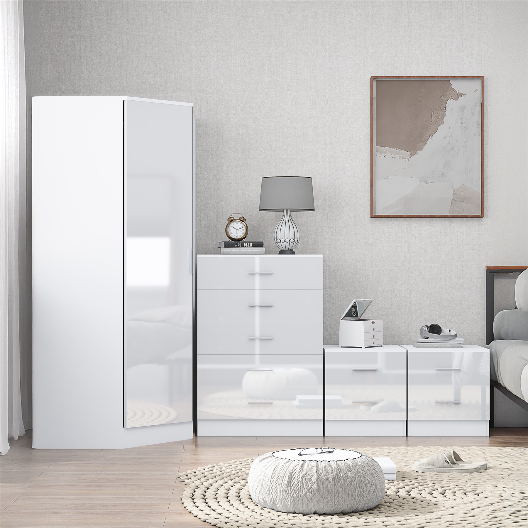 REFLECT - 1 Door Corner + 5 Drawer Chest + 2x 2 Drawer Bedside in Gloss White / Matt White