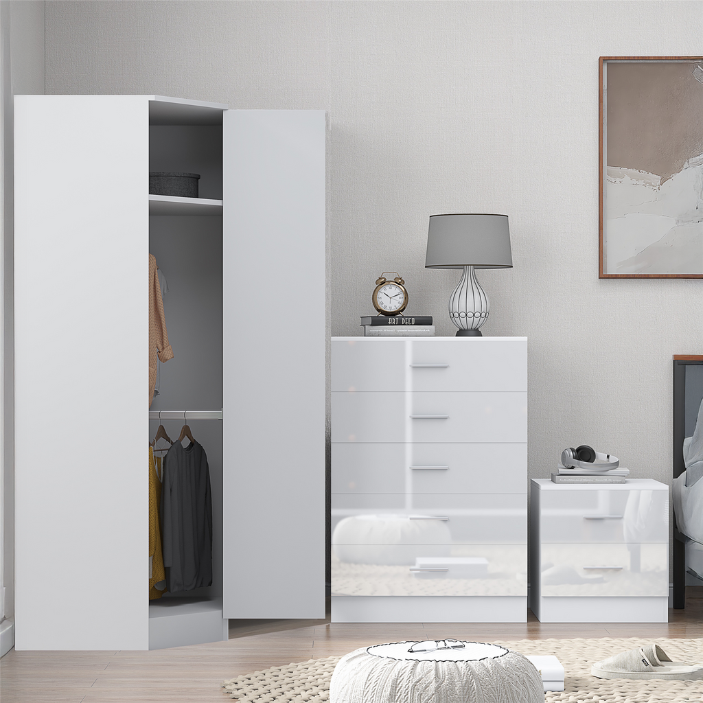 REFLECT - 1 Door Corner + 5 Drawer Chest + 2 Drawer Bedside in Gloss White / Matt White