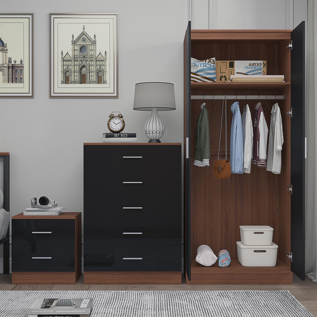 Reflect 2 Door Mirror Wardrobe, 5 Drawer Chest, 2 Drawer Bedside - Black Gloss & Walnut - Modern Bedroom Furniture Set