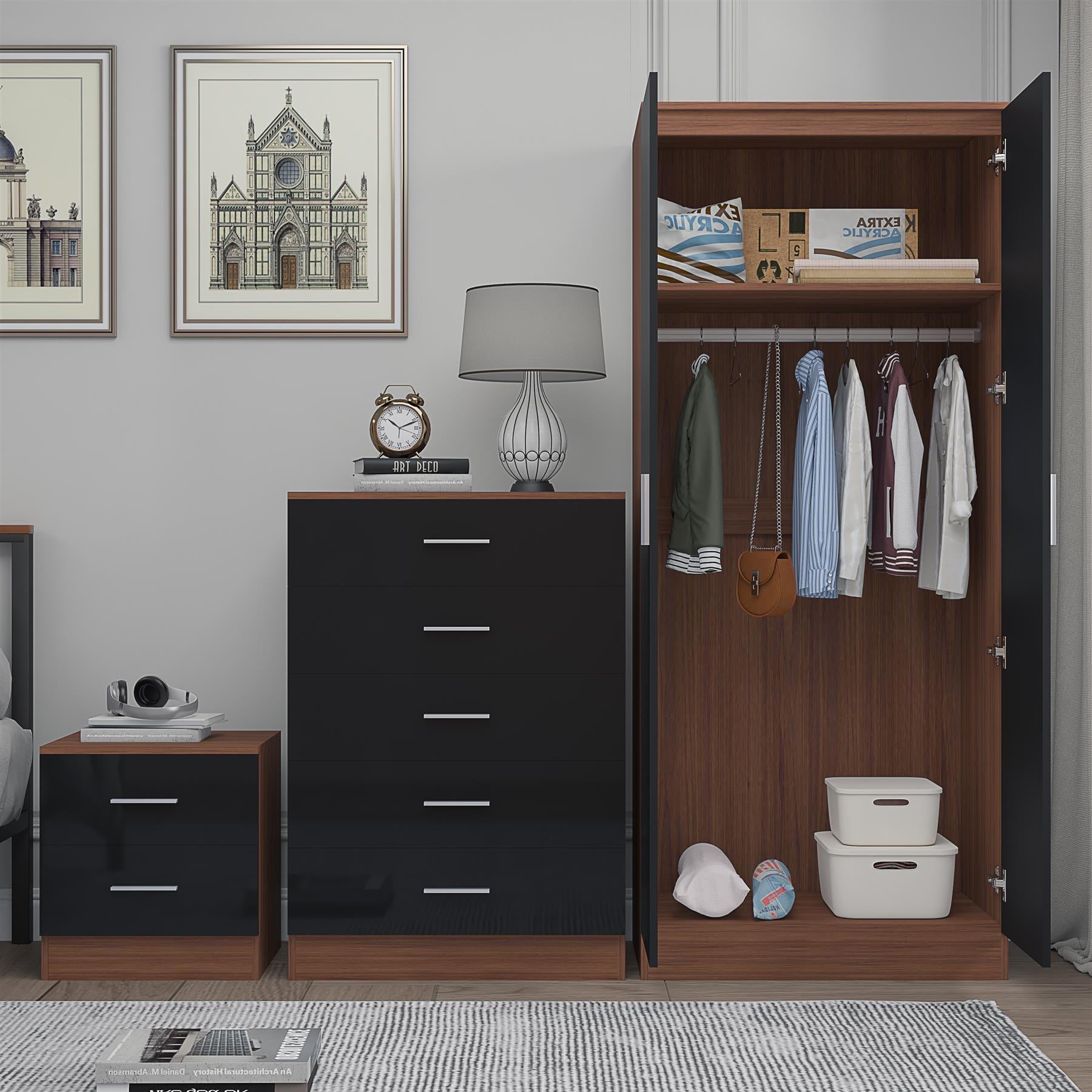 Reflect 2 Door Mirror Wardrobe, 5 Drawer Chest, 2 Drawer Bedside - Black Gloss & Walnut - Modern Bedroom Furniture Set