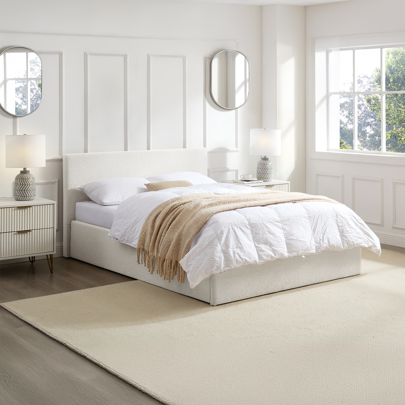 TEDDY BOUCLE 4FT Small Double Gas Lift Up Ottoman Storage Bedframe (White)