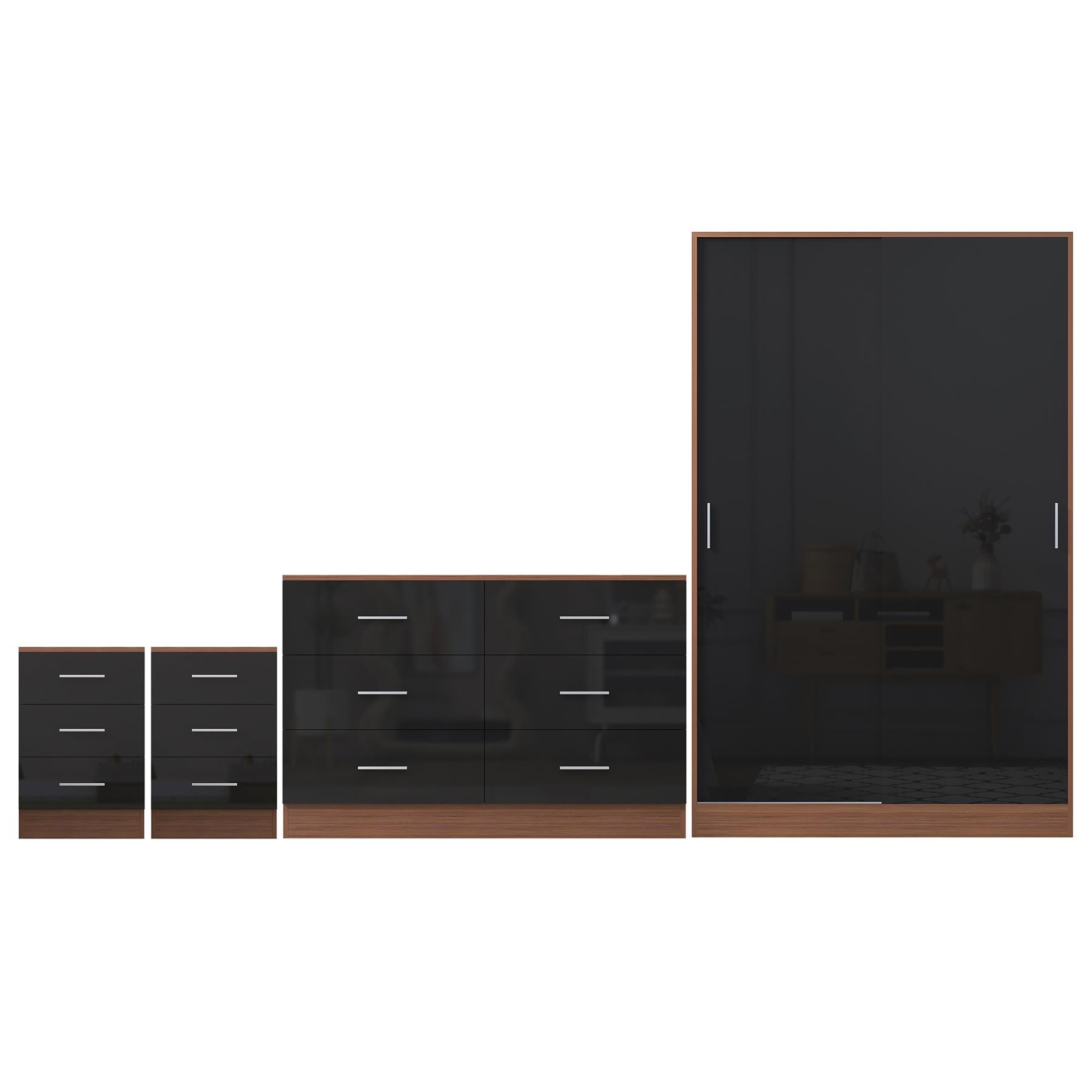 Reflect 2 Door Sliding Wardrobe, 6 Drawer Wide Chest, 2x 3 Drawer Bedsides - Black Gloss & Walnut - Modern Bedroom Furniture Set