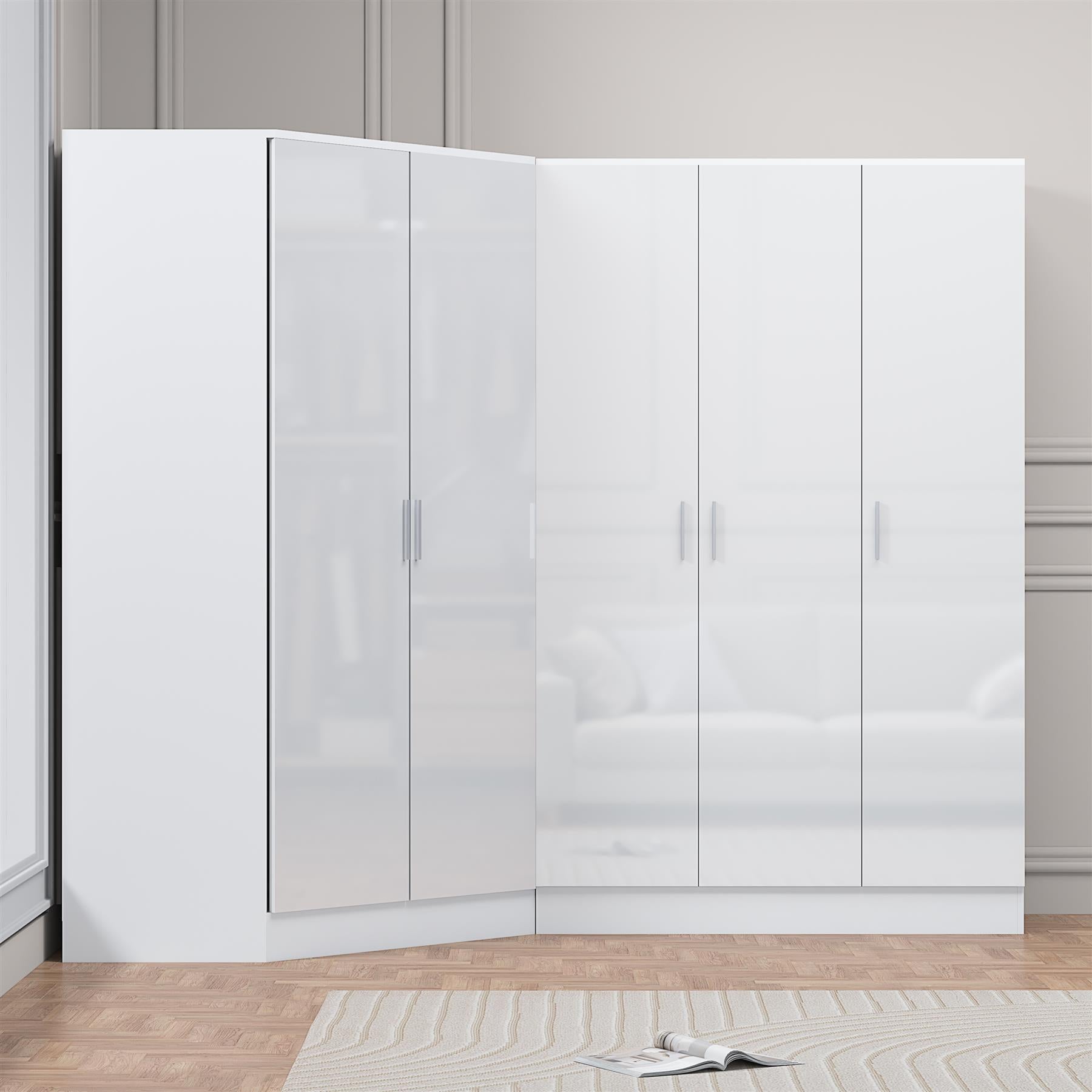 Reflect 2pc Wardrobe Bundle - 2 Door Corner + 3 Door Plain - White Gloss & Matt White - H: 180cm x W: 179cm x D: 103cm