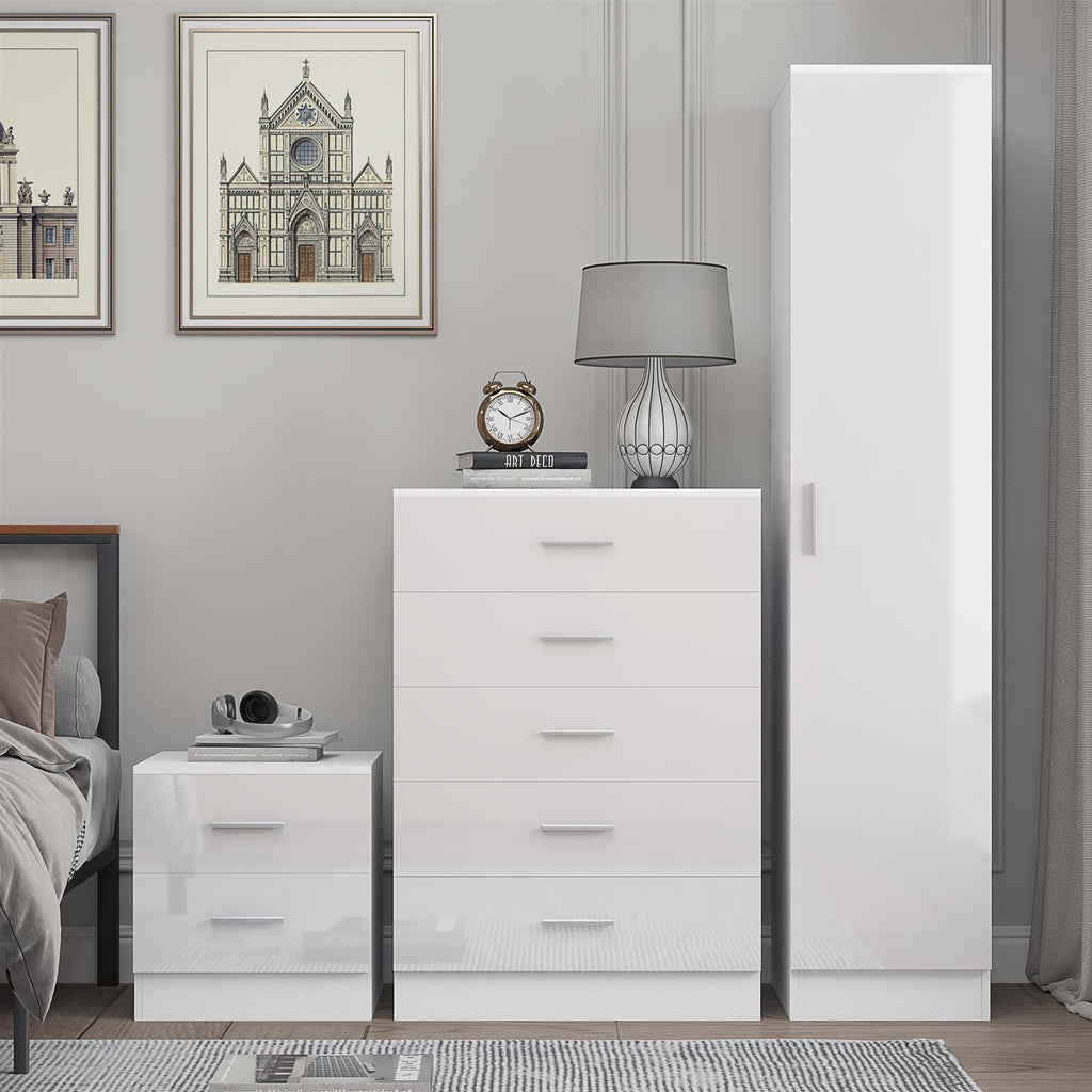 Reflect 1 Door Plain Wardrobe, 5 Drawer Chest, 2 Drawer Bedside - White Gloss & Matt White - Bedroom Furniture Set