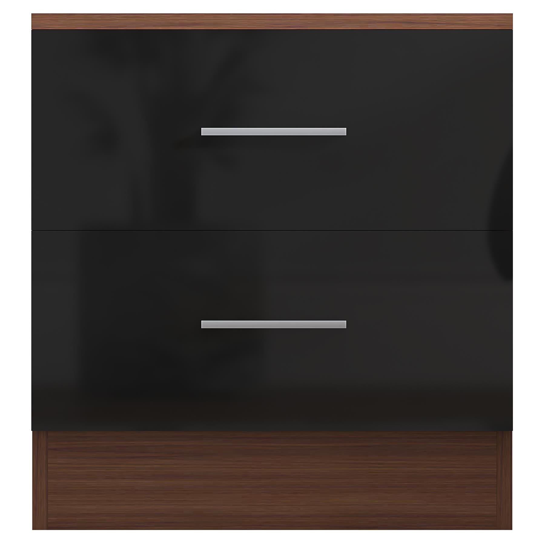 Reflect 2 Drawer Bedside - Black Gloss & Walnut - Modern Nightstand for Bedroom Storage - H: 48.5cm x W: 45cm x D: 39.5cm