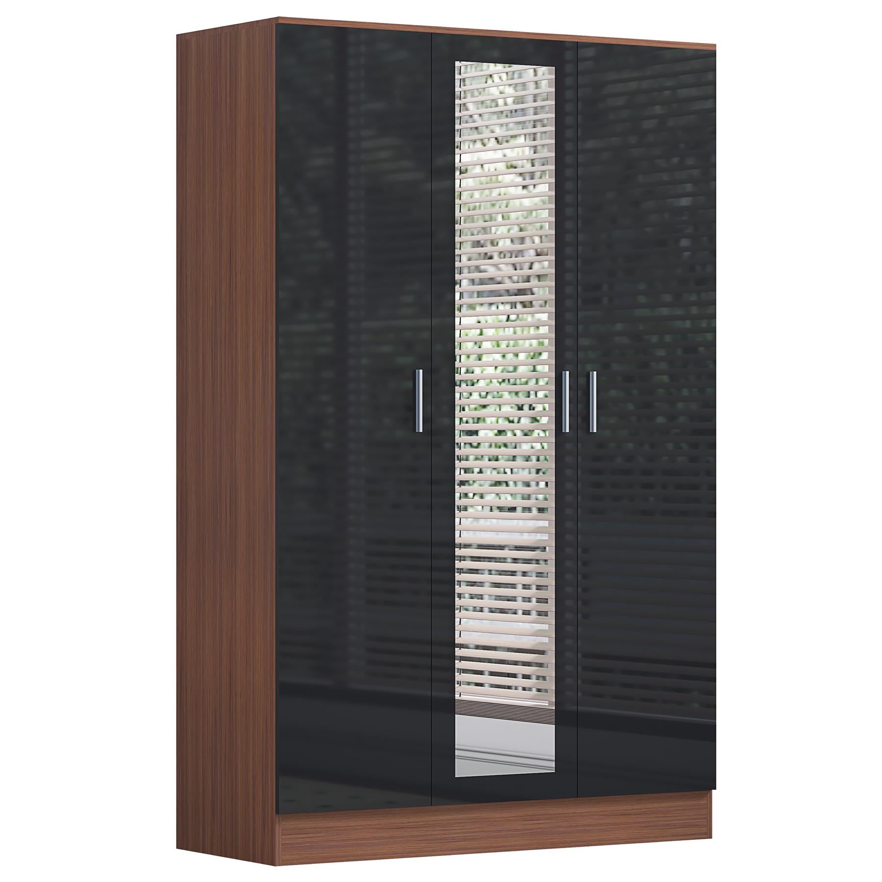 REFLECT Gloss 3pc Set - 3 Door Mirrored Wardrobe + 5 Draw Chest + Bedside