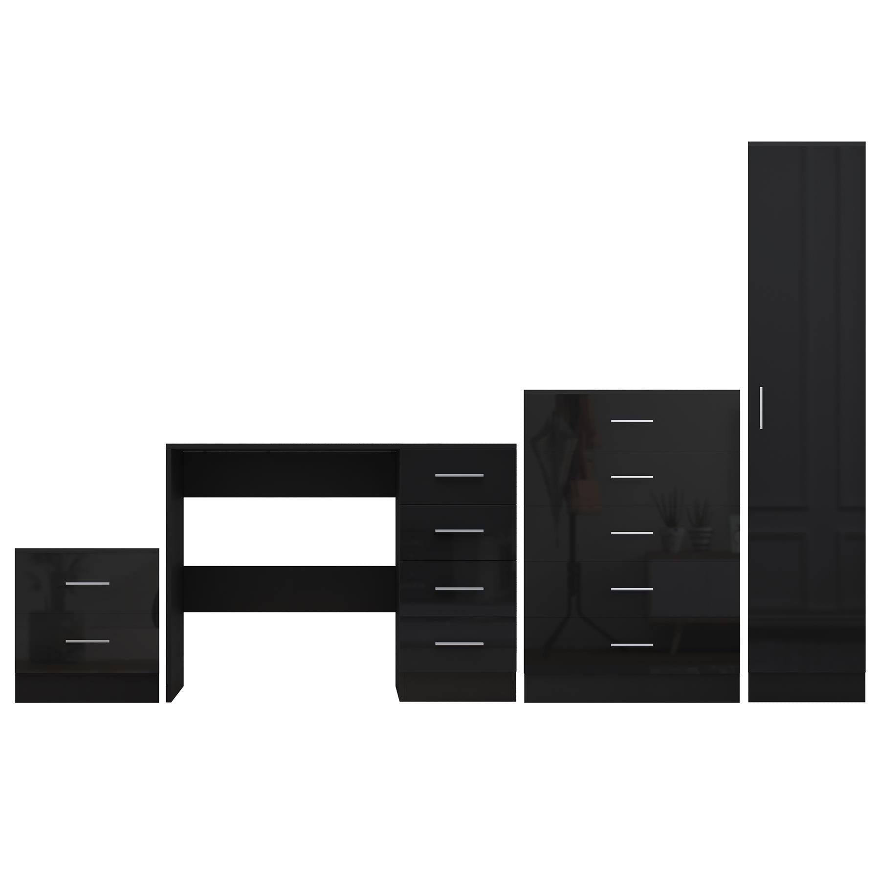 REFLECT Gloss 4pc Bedroom Set - 1 Door Wardrobe + 5 Draw Chest + Bedside + Desk