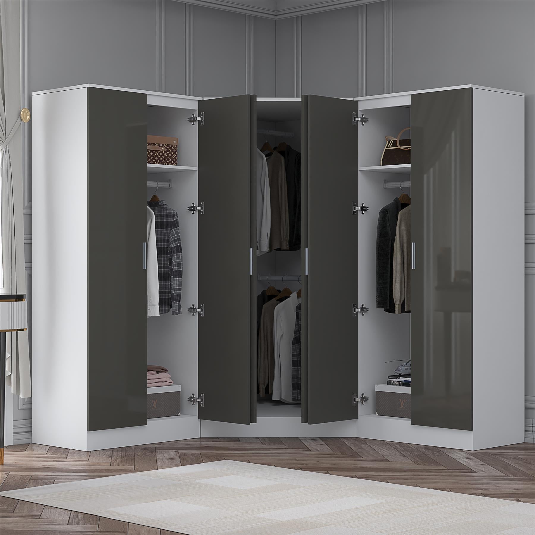 Reflect 3pc Wardrobe Bundle - 2 Door Corner + 2x 2 Door Plain - Grey Gloss & Matt White