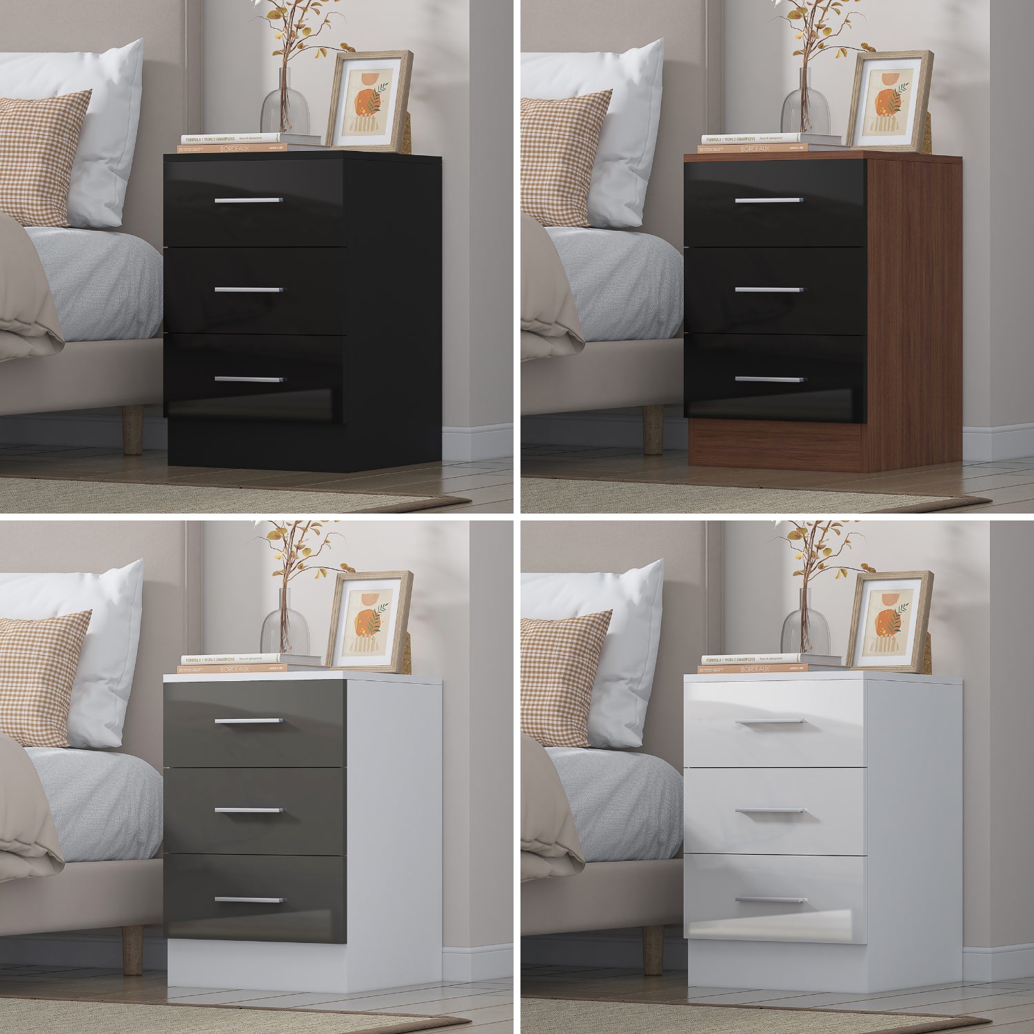 REFLECT Gloss Bedroom Furniture Tall 3 Drawer Bedside - 4 Colour Options
