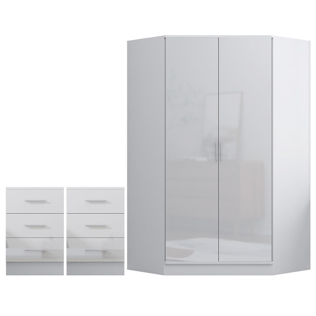 REFLECT - 2 Door CORNER + 2x 3 Drawer Bedside - Gloss White / Matt White