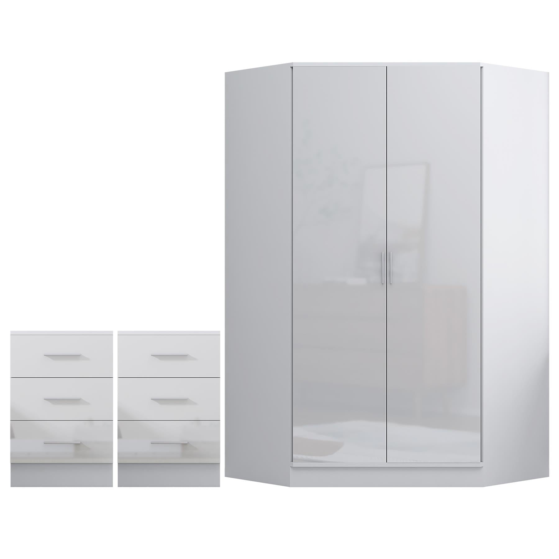 REFLECT - 2 Door CORNER + 2x 3 Drawer Bedside - Gloss White / Matt White