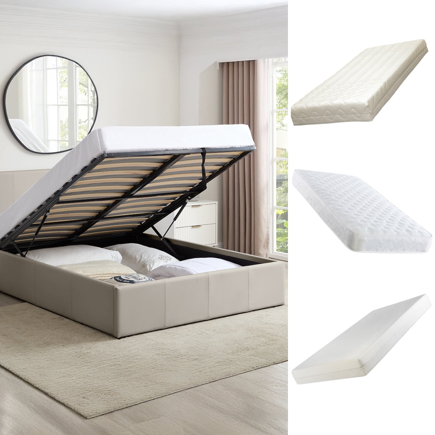 LUNA Faux Leather Ottoman Storage Bedframe in Beige 4 Size + Mattress Options
