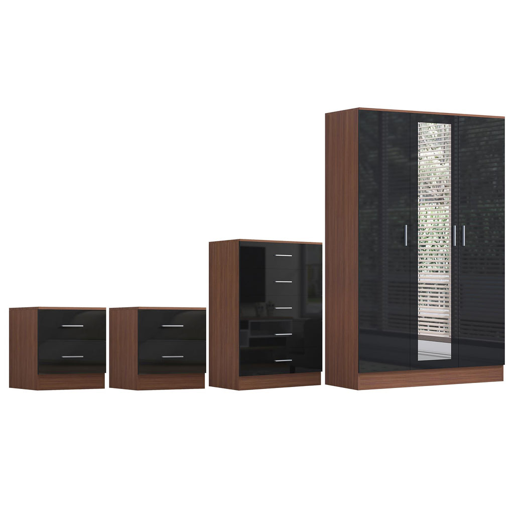 Reflect 3 Door Mirror Wardrobe, 5 Drawer Chest, 2x 2 Drawer Bedsides - Black Gloss & Walnut - Modern Bedroom Furniture Set