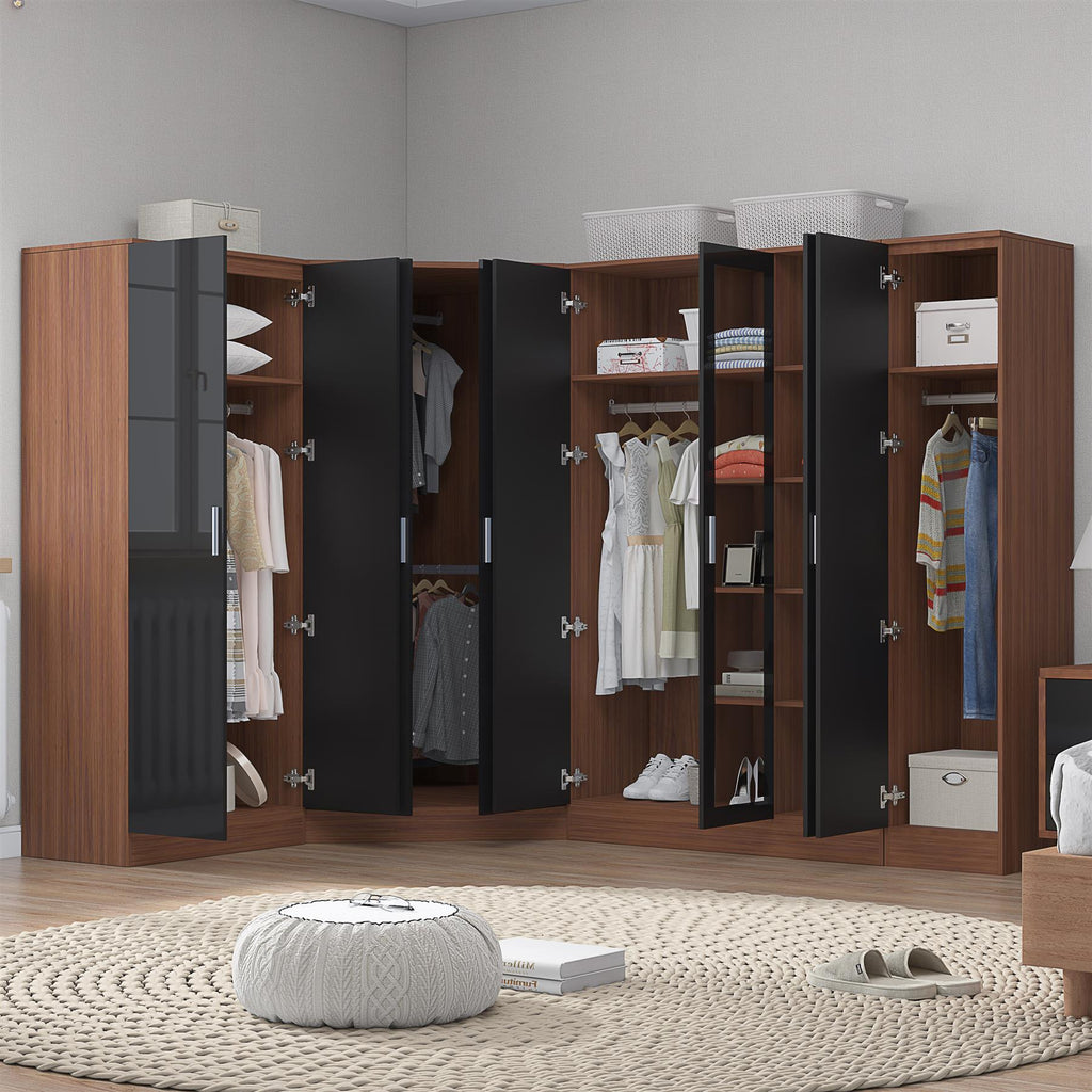 Reflect 4pc Wardrobe Bundle - 2 Door Corner + 3 Door Mirror + 2dr + 1dr Plain - Black Gloss & Walnut