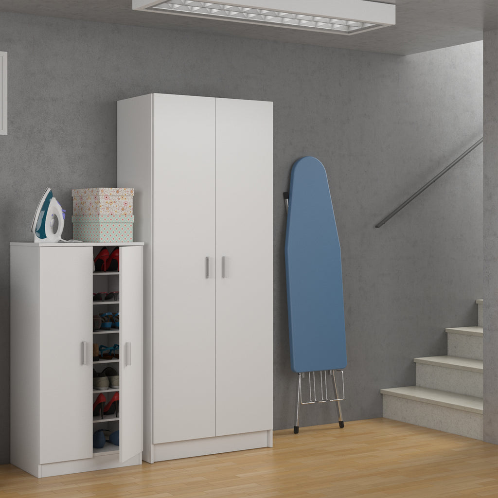 BELLINI White 2 Door Shoe Storage Cabinet - 6 Shelves Holds 20 Pairs - Space-Saving Design - H: 108cm x W: 55cm x D: 36cm.
