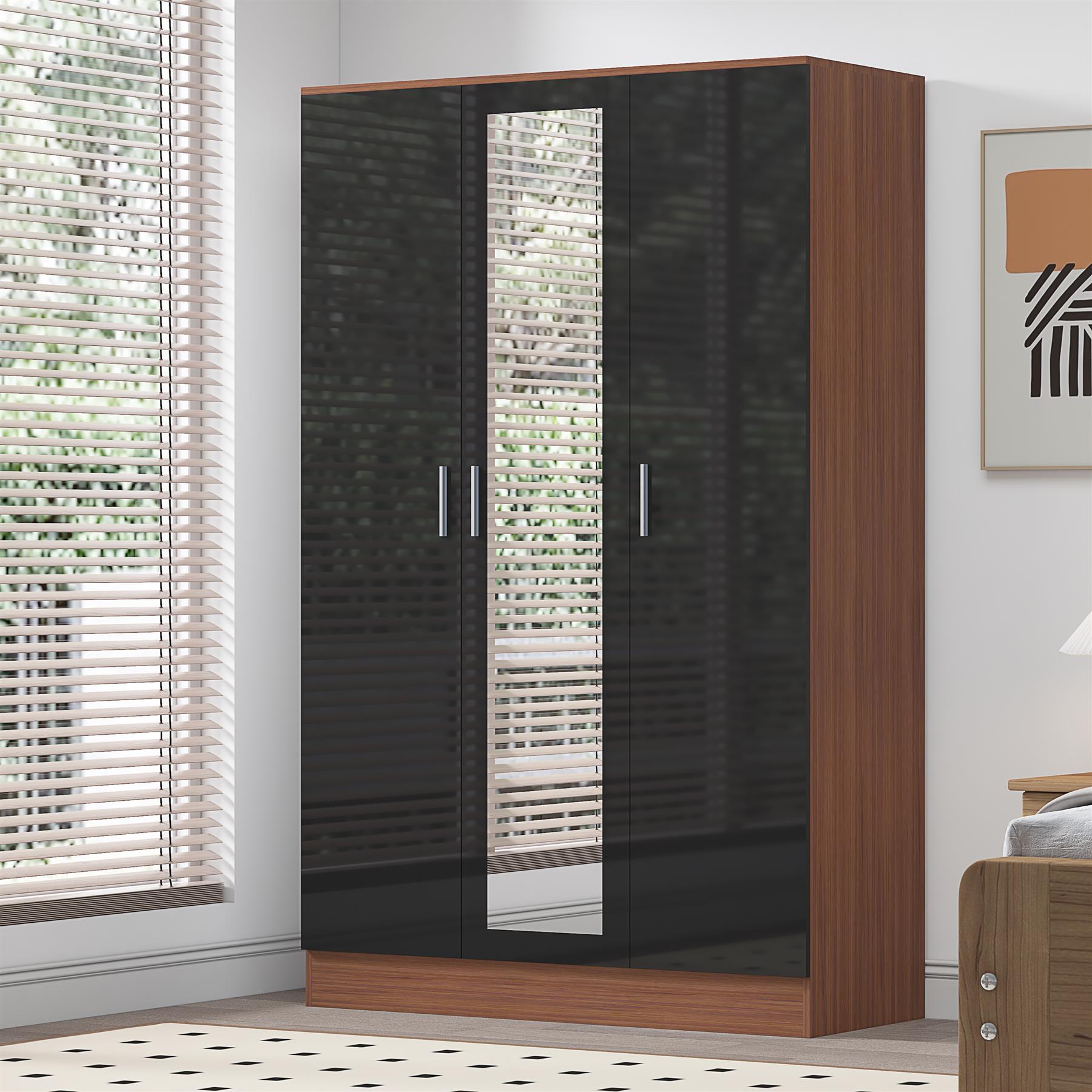 Reflect 3 Door Mirror Wardrobe - Black Gloss & Walnut - Hanging Rail & 4 Shelves- H: 180cm x W: 113cm x D: 47cm - Modern Design