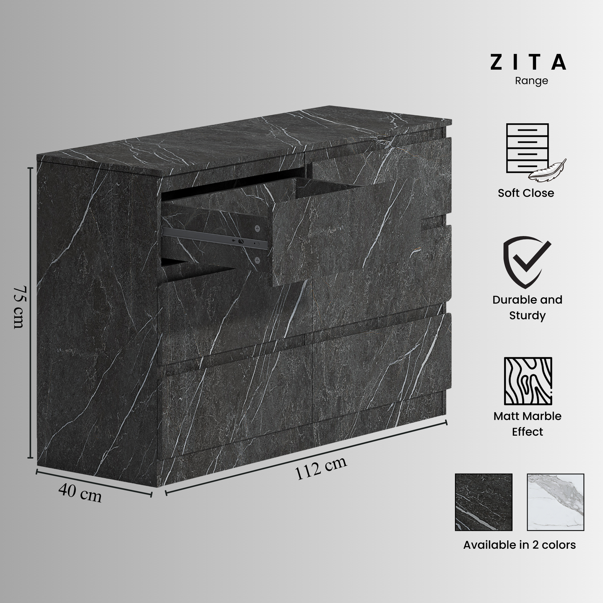 6 draw wide chest grey marble effect
