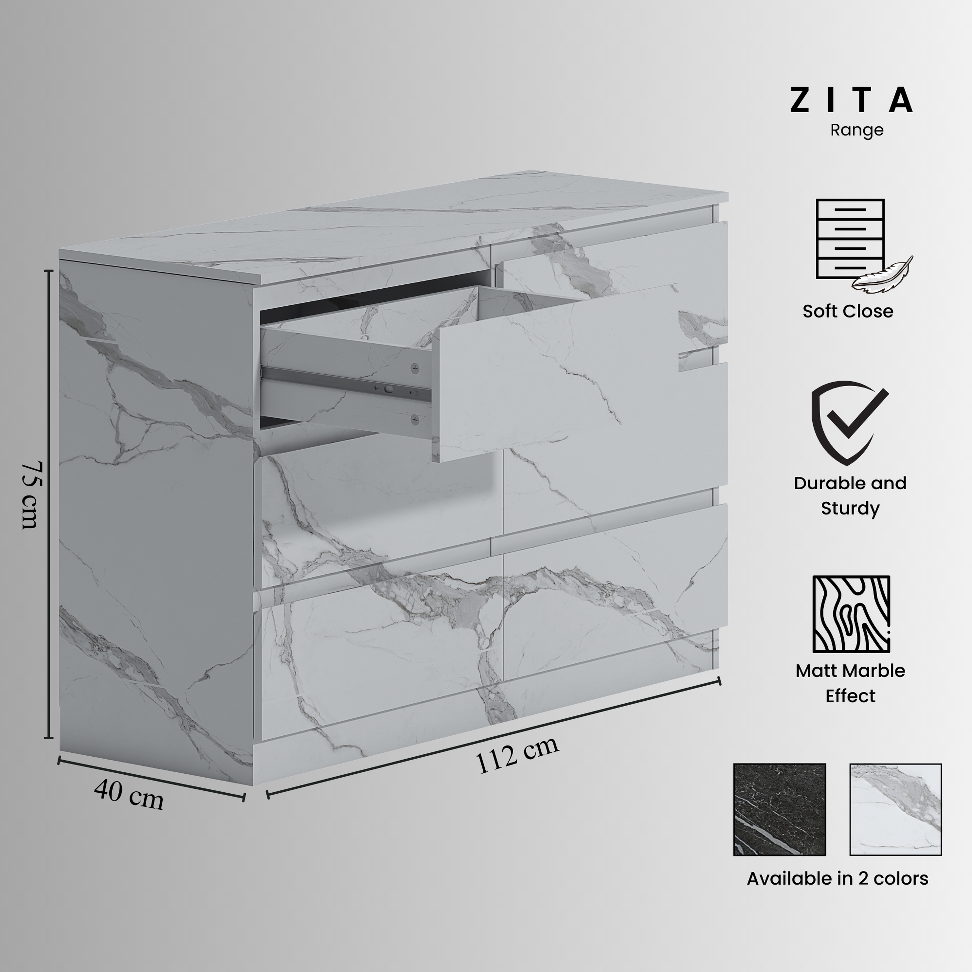 6 draw wide chest white marble effect