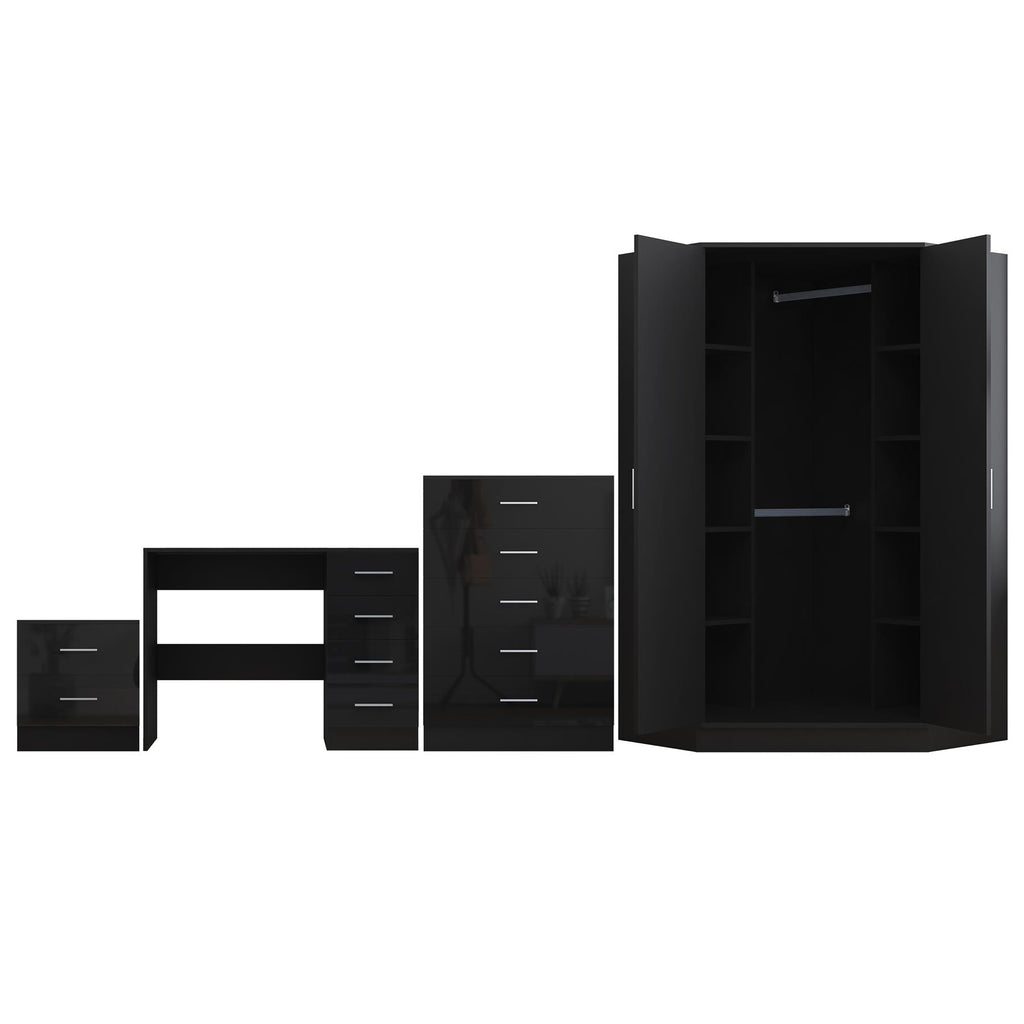 REFLECT Gloss 4pc Set - 2 Door Corner Wardrobe + 5 Draw Chest + Bedside + Desk