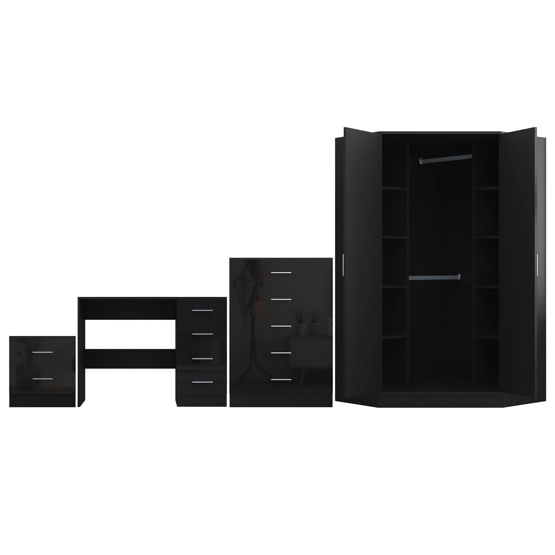 REFLECT Gloss 4pc Set - 2 Door Corner Wardrobe + 5 Draw Chest + Bedside + Desk
