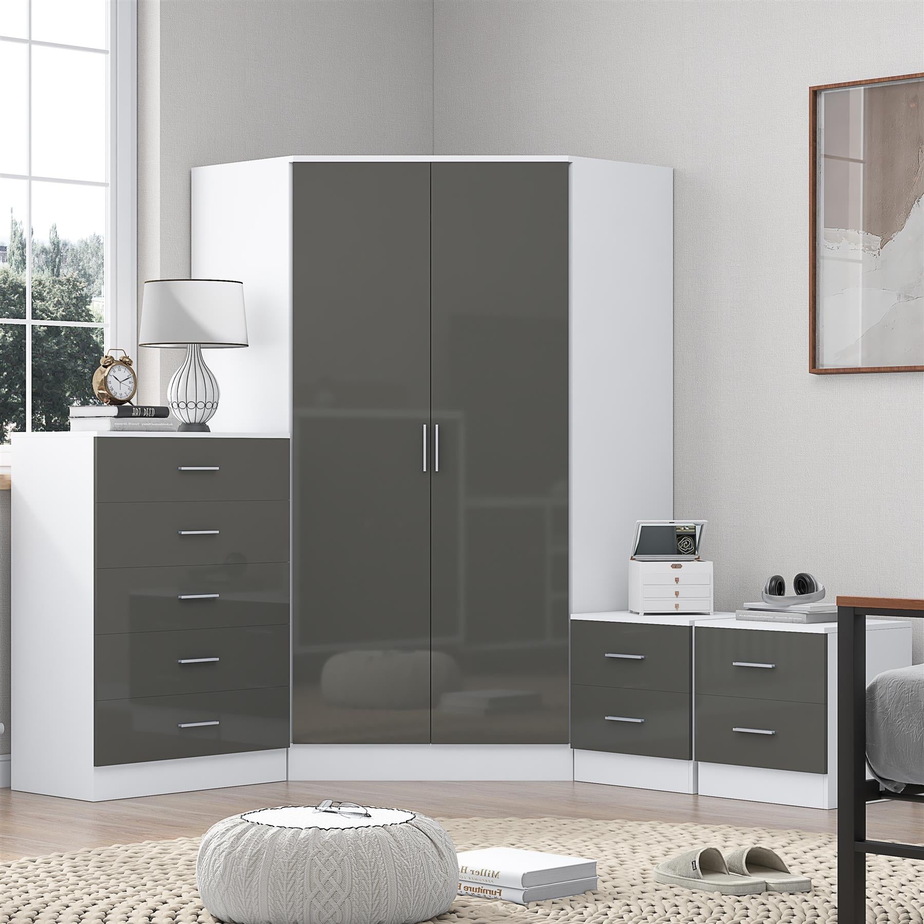 Reflect 2 Door Corner Wardrobe, 5 Drawer Chest, 2x 2 Drawer Bedsides - Grey Gloss & Matt White - Bedroom Furniture Set