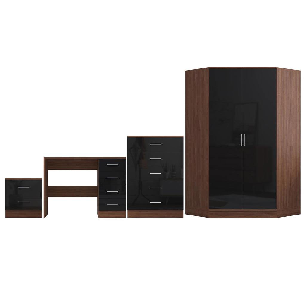 Reflect 2 Door Corner Wardrobe, 5 Drawer Chest, 2 Drawer Bedside & Desk - Black Gloss & Walnut - Bedroom Furniture Set