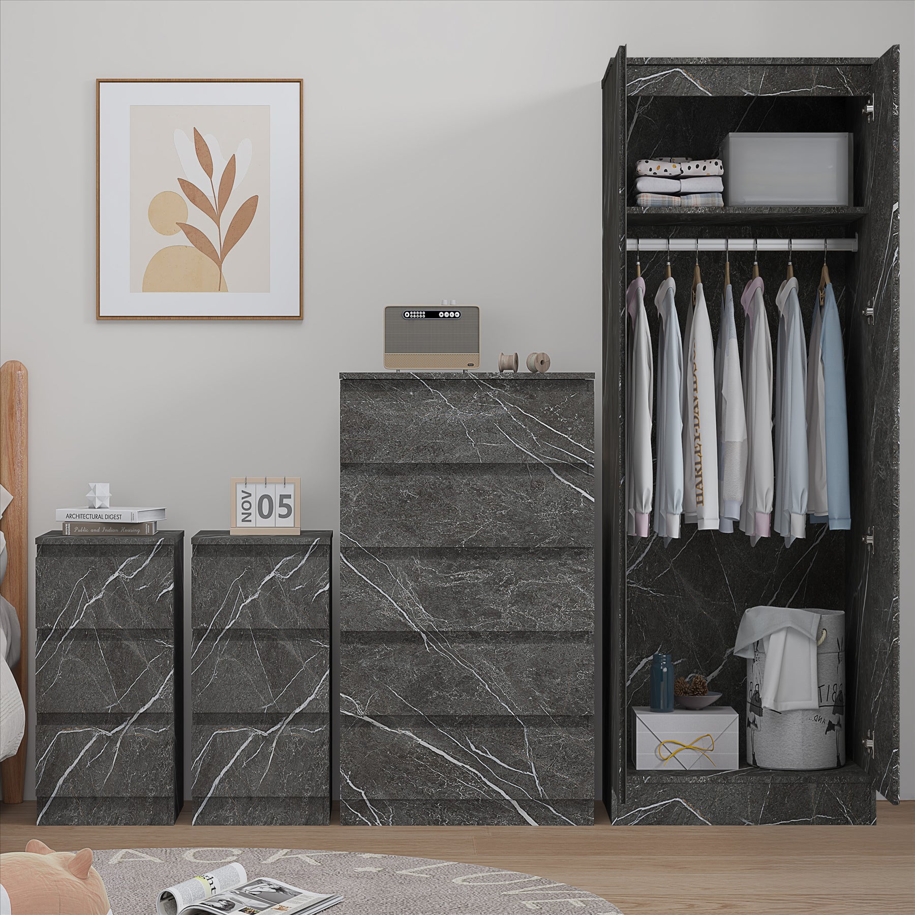 ZITA 4pc Set - 2 Door Wardrobe + Tall Chest + 2 Bedsides in White OR Grey Marble