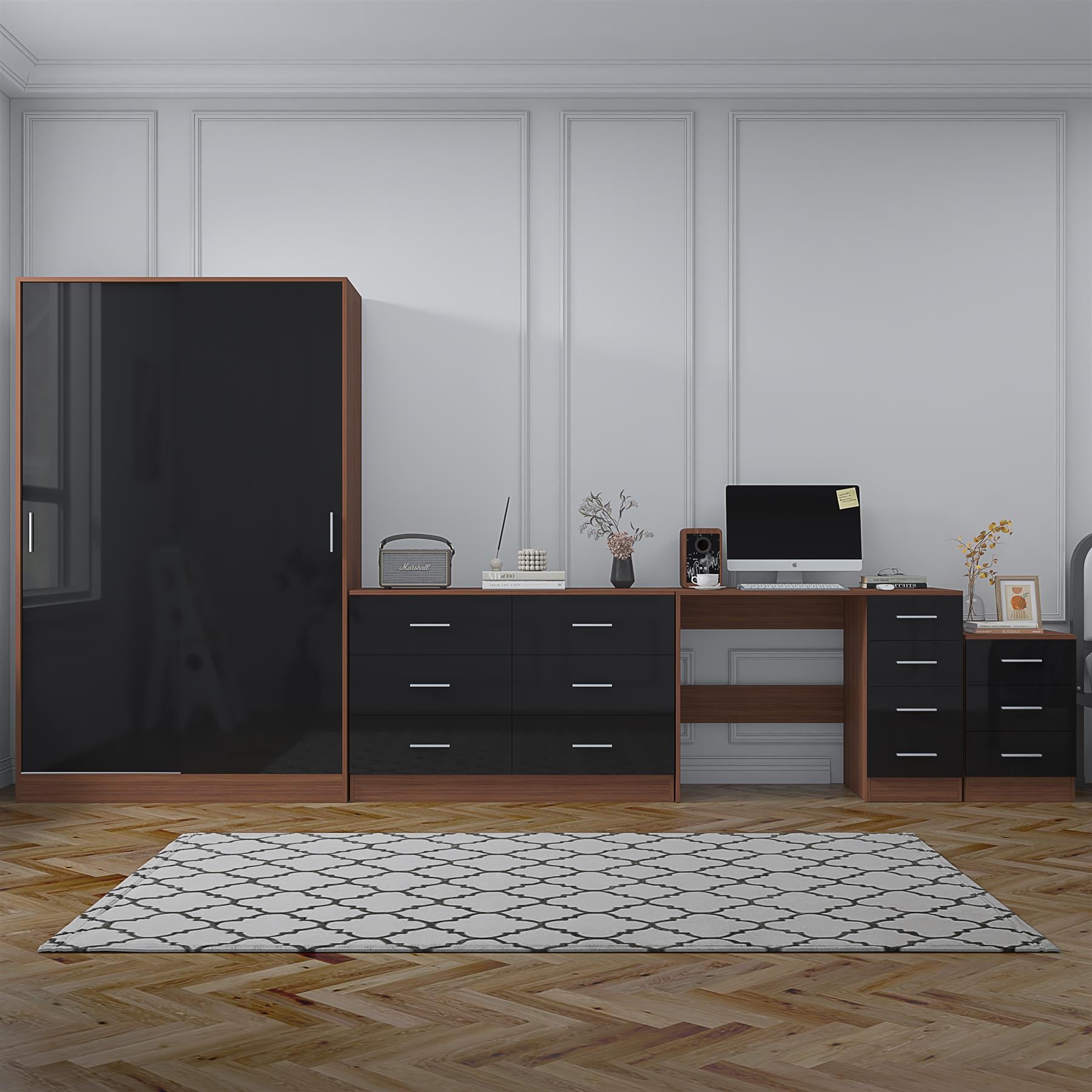 Reflect 2 Door Sliding Wardrobe, 6 Drawer Wide Chest, 3 Drawer Bedside, 4 Drawer Desk - Black Gloss & Walnut - Modern Bedroom Furniture Set.