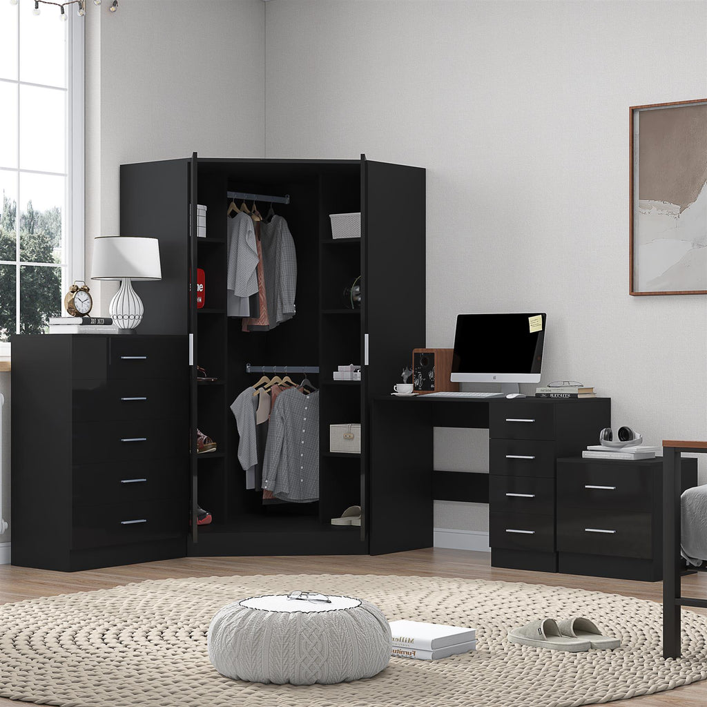 REFLECT Gloss 4pc Set - 2 Door Corner Wardrobe + 5 Draw Chest + Bedside + Desk