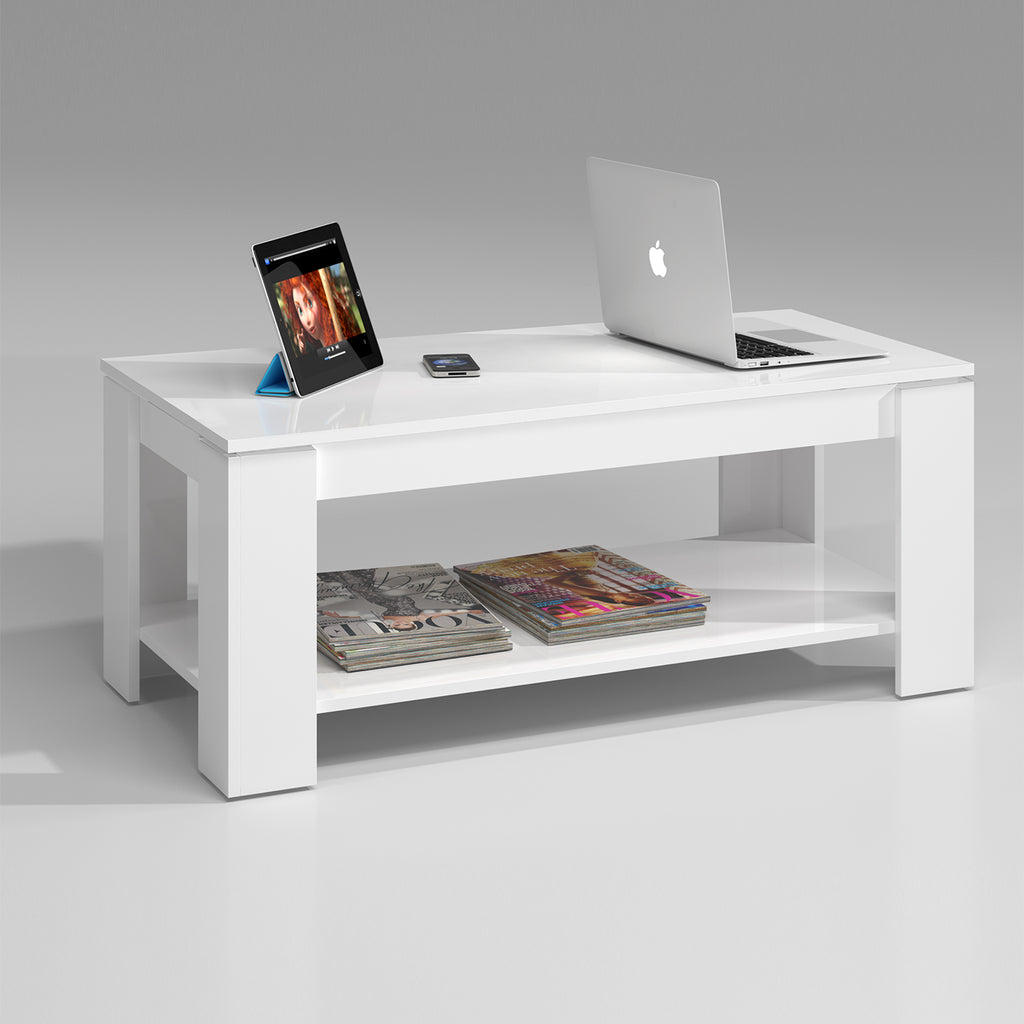 AMBIT White Lift-Up Storage Coffee Table with Shelf- Modern Living Room Furniture