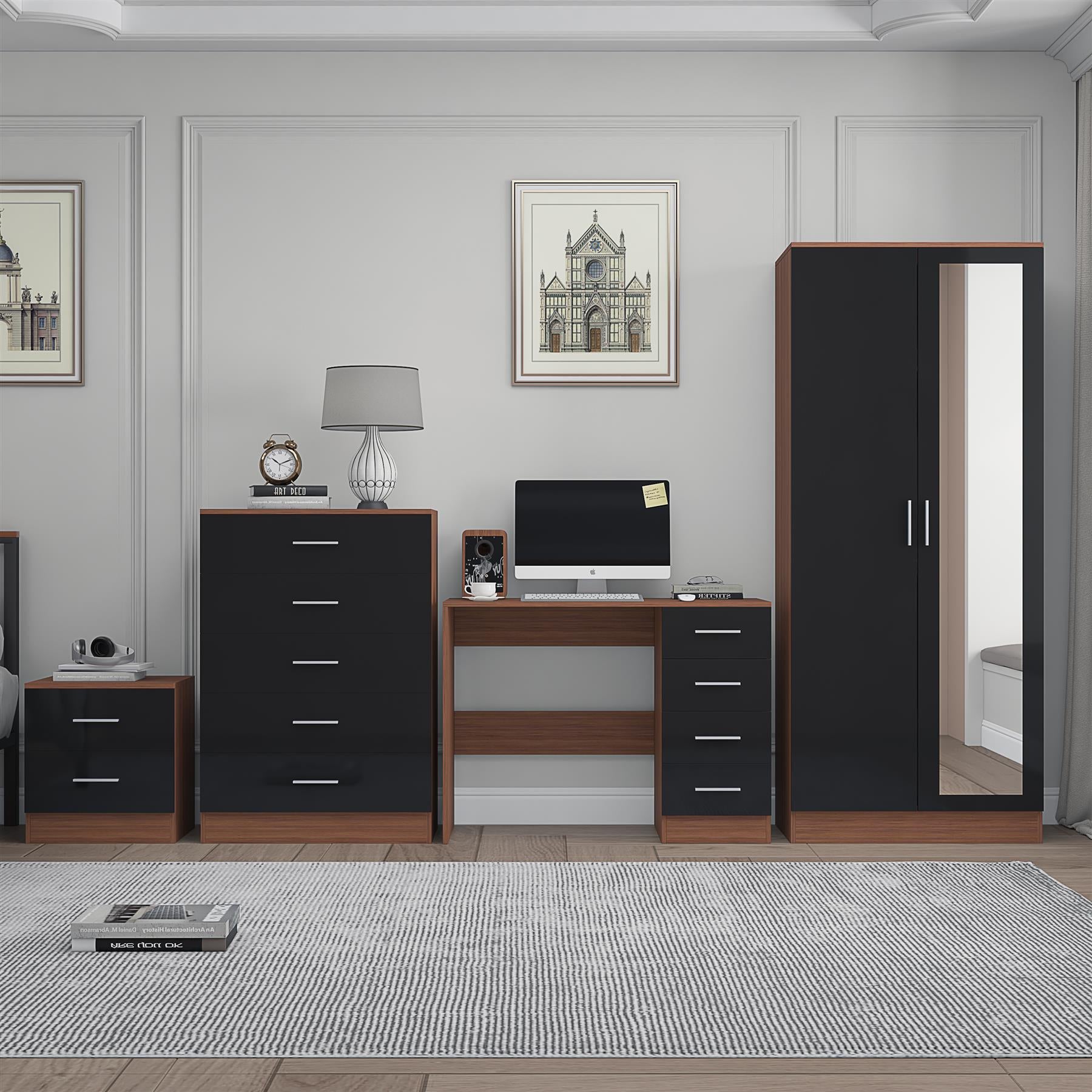 Reflect 2 Door Mirror Wardrobe, 5 Drawer Chest, 2 Drawer Bedside & Desk - Black Gloss & Walnut - Modern Bedroom Furniture Set