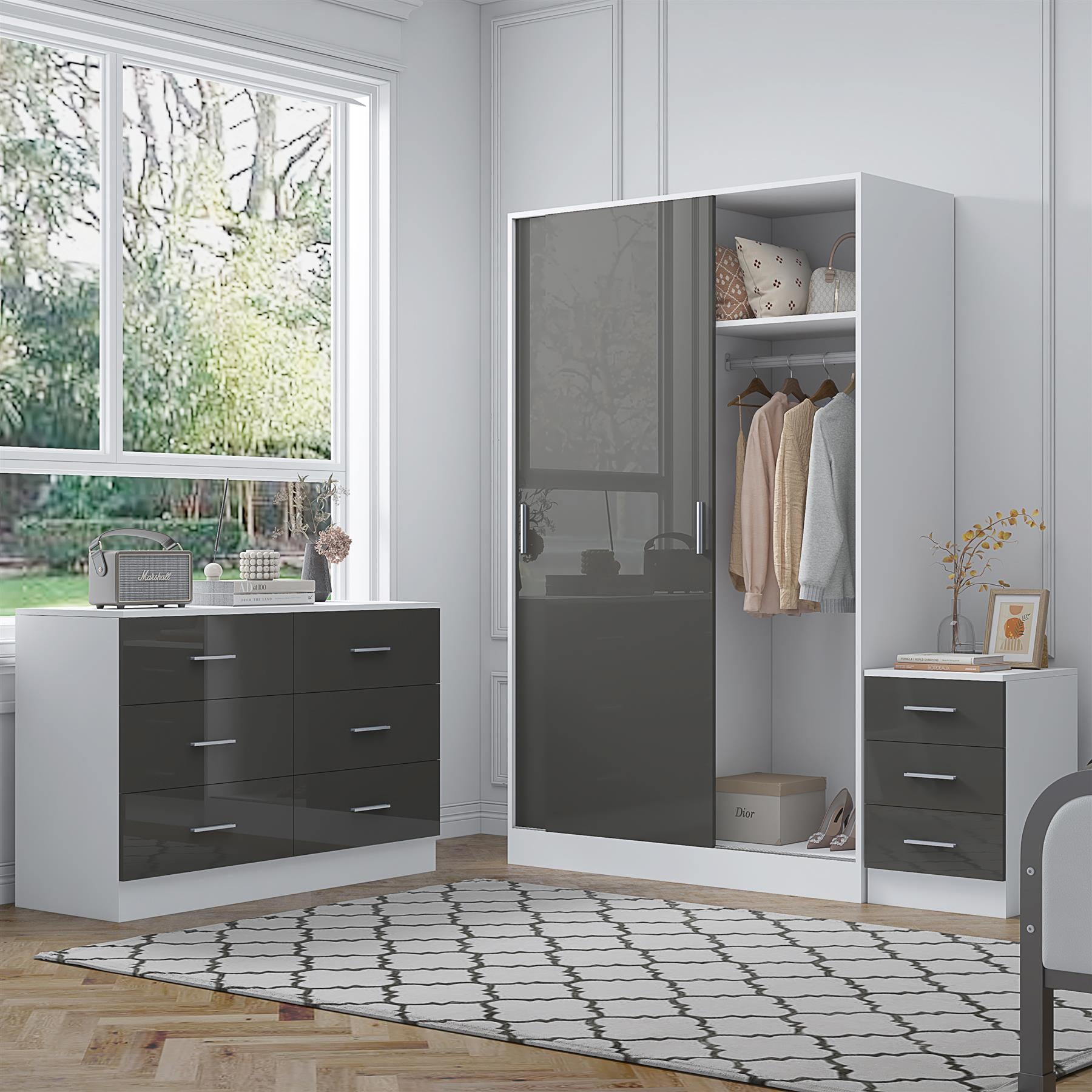 Reflect 2 Door Sliding Wardrobe, 6 Drawer Wide Chest, 3 Drawer Bedside - Grey Gloss & Matt White - Modern Bedroom Furniture Set