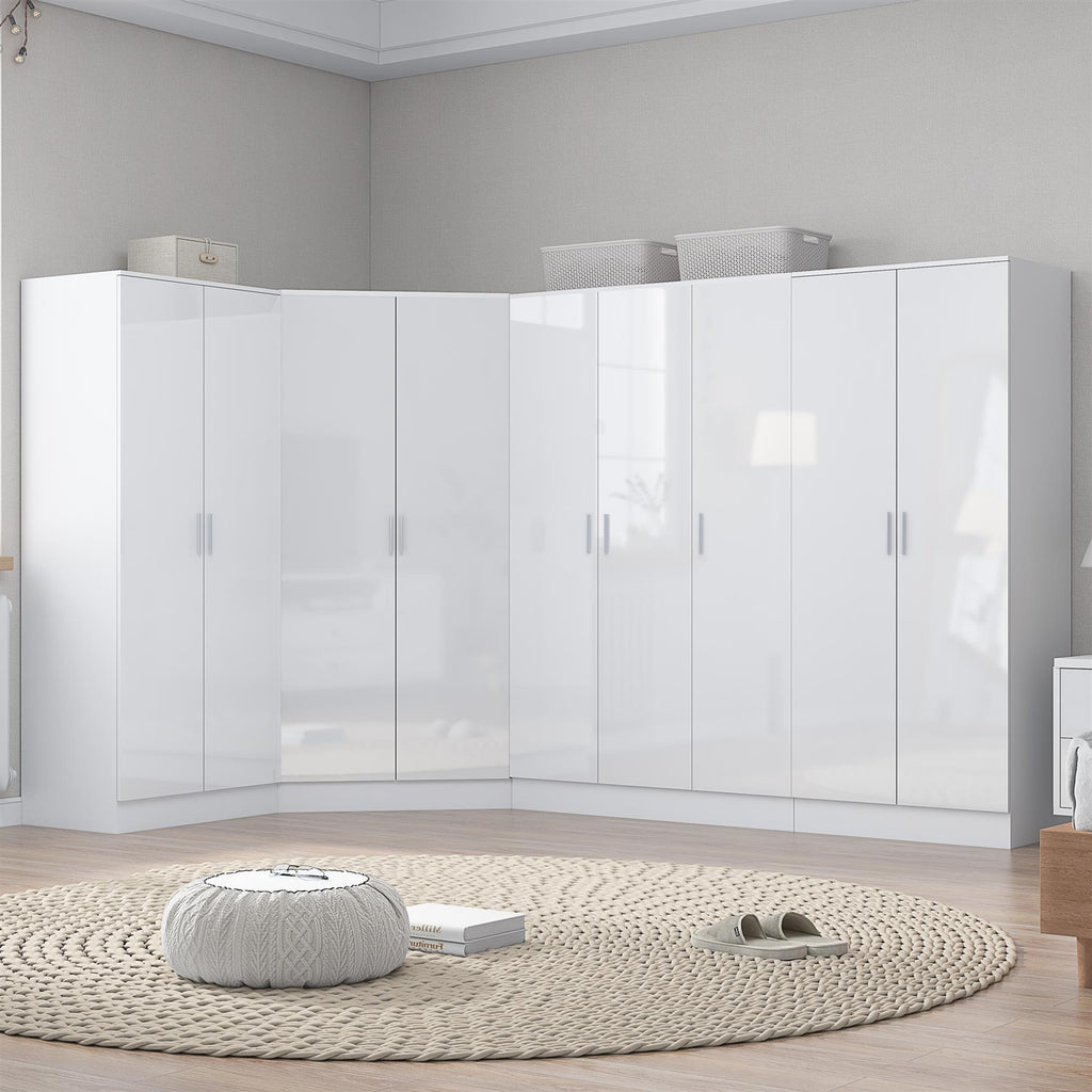 Reflect 4pc Wardrobe Bundle - 2 Door Corner + 3 Door Plain + 2x 2 Door Plain - White Gloss & Matt White