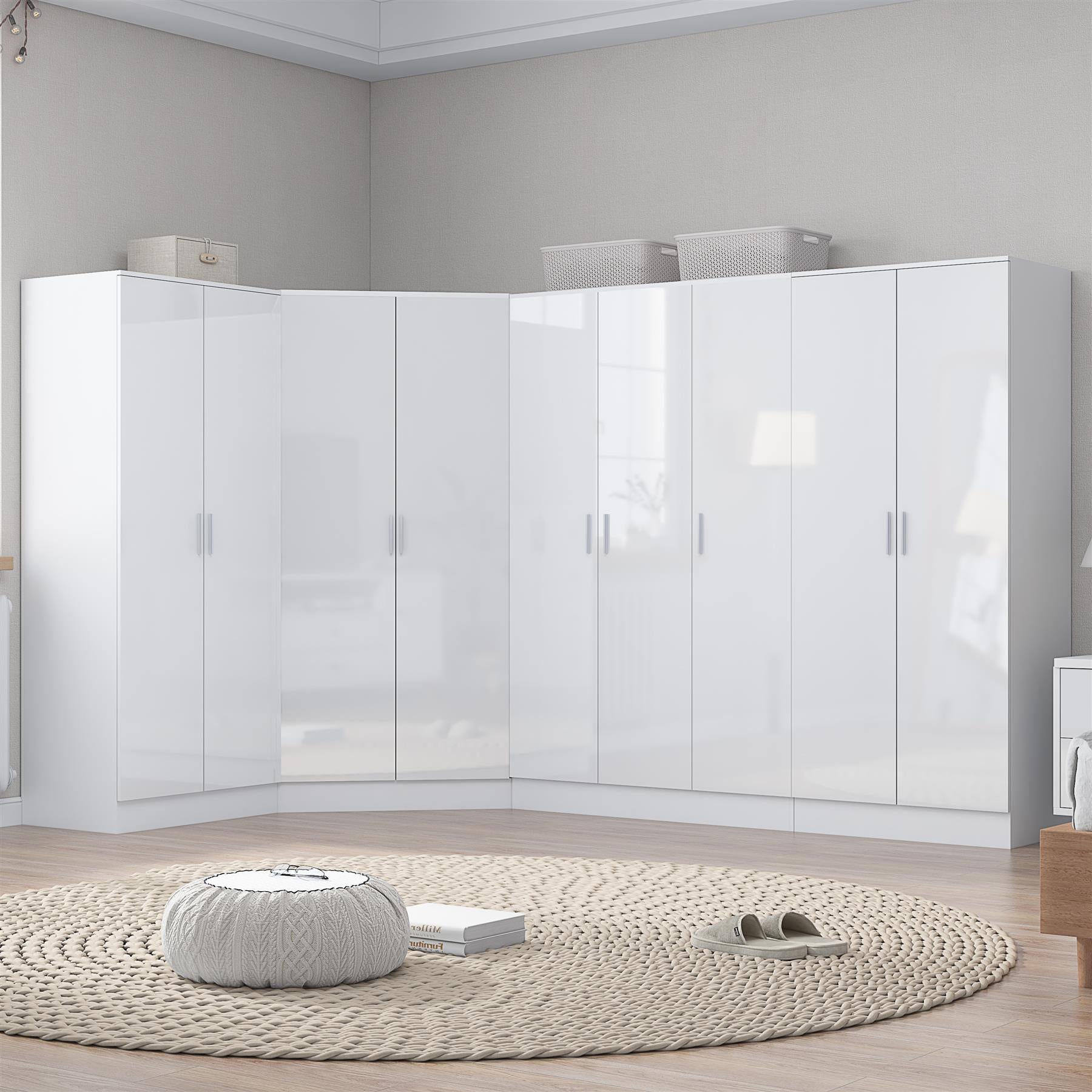 Reflect 4pc Wardrobe Bundle - 2 Door Corner + 3 Door Plain + 2x 2 Door Plain - White Gloss & Matt White