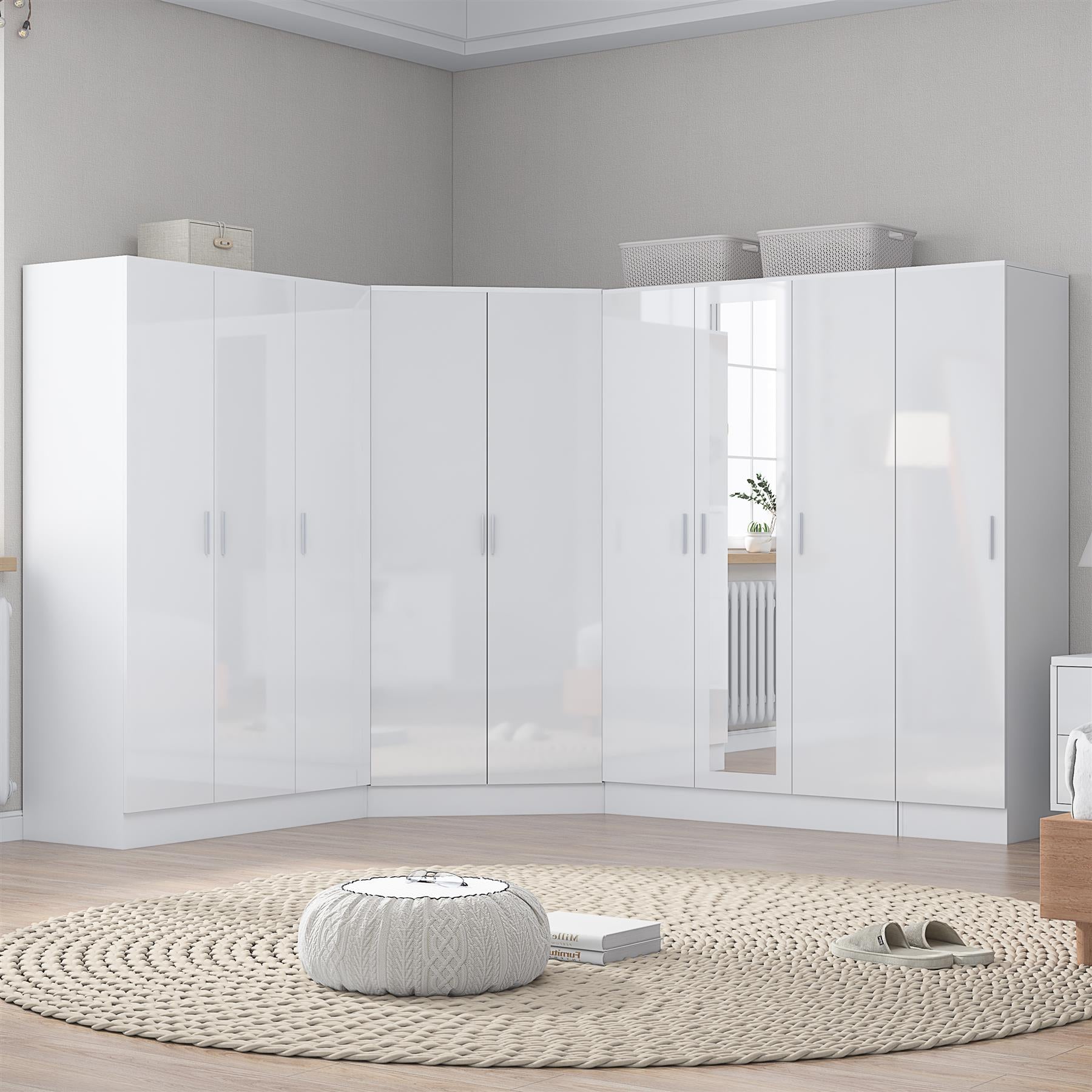 Reflect 4pc Wardrobe Bundle - 2 Door Corner + 3 Door Mirror + 3 Door Plain + 1 Door Plain - White Gloss & Matt White