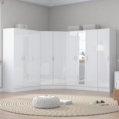 Reflect 4pc Wardrobe Bundle - 2 Door Corner + 3 Door Mirror + 3 Door Plain + 1 Door Plain - White Gloss & Matt White