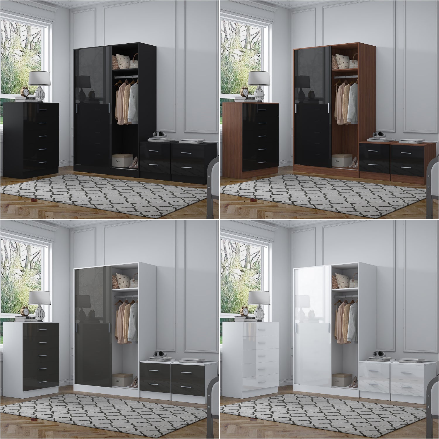 REFLECT Gloss 4pc Set - 2 Door Sliding Wardrobe + 5 Draw Chest + 2 Bedsides