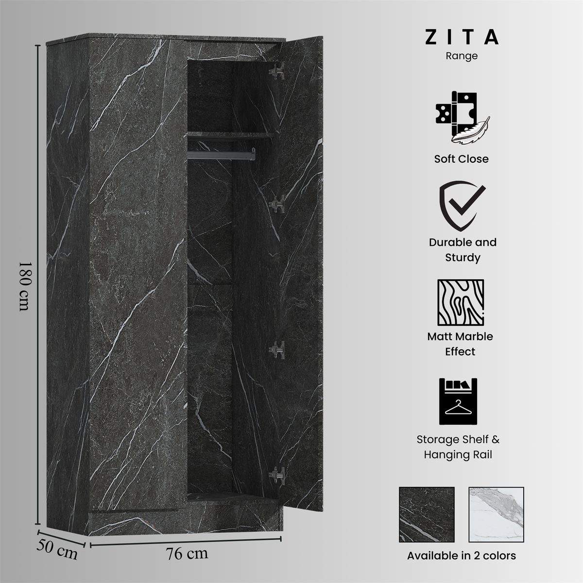 ZITA Grey Marble Effect 2 Piece Wardrobe Bundle - 2 x 2-Door Wardrobes, (L) 50cm x (W) 76cm x (H) 180cm.