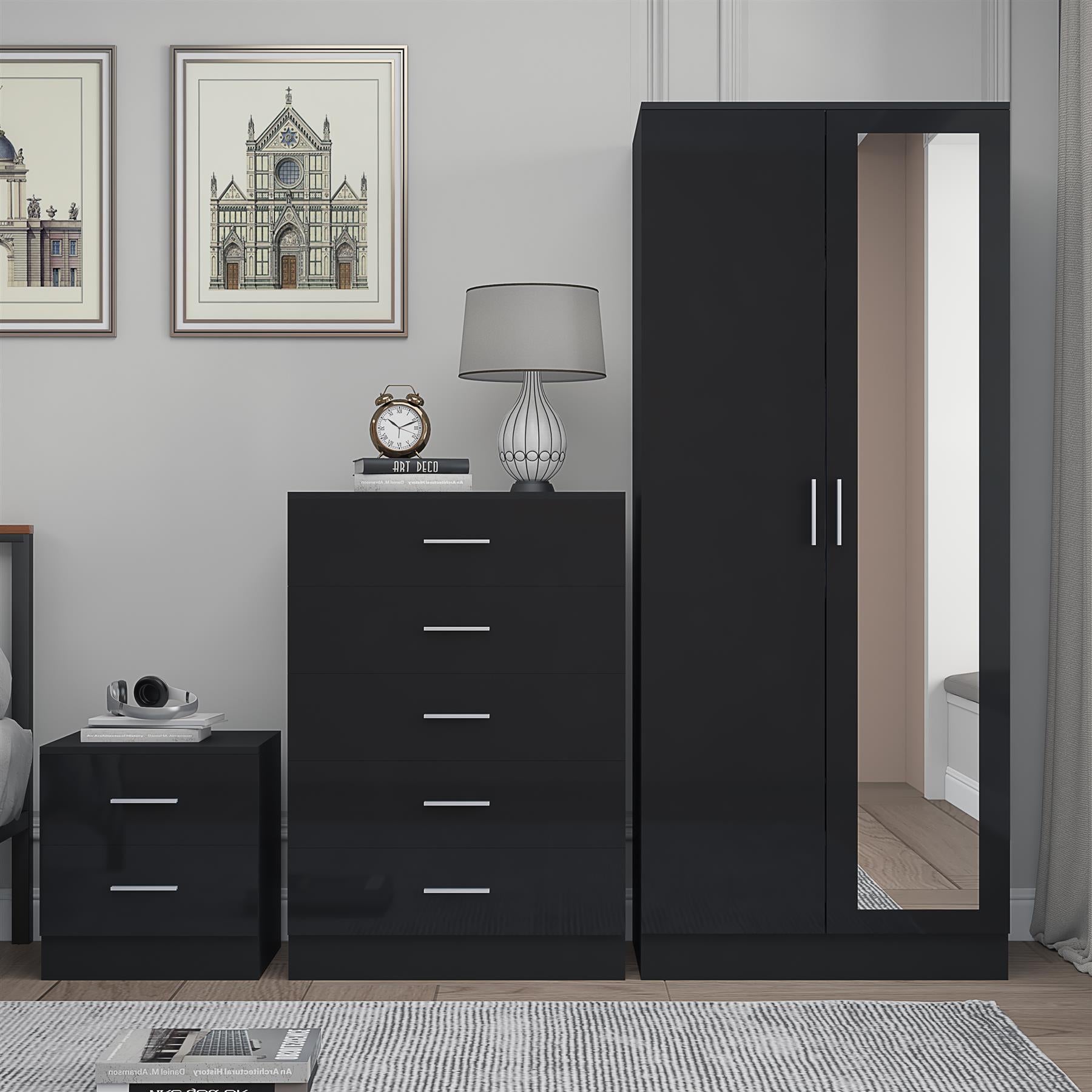 Reflect 2 Door Mirror Wardrobe, 5 Drawer Chest, 2 Drawer Bedside - Black Gloss & Black Oak - Modern Bedroom Furniture Set