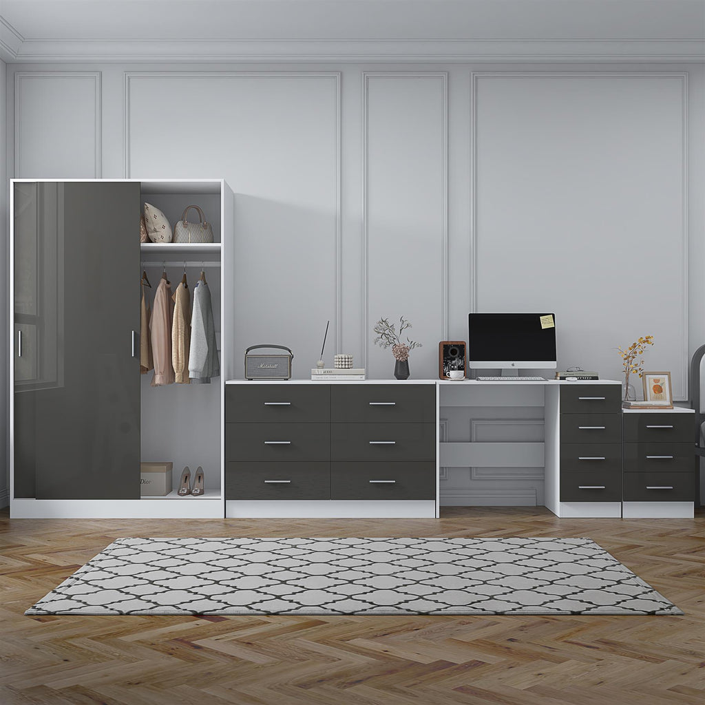 Reflect 2 Door Sliding Wardrobe, 6 Drawer Wide Chest, 3 Drawer Bedside, 4 Drawer Desk - Grey Gloss & Matt White - Modern Bedroom Furniture Set