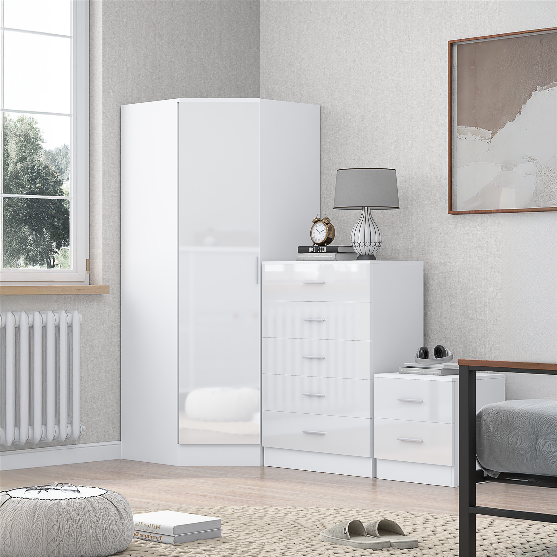 REFLECT 1dr Corner Bedroom Furniture Bundles Chest, Bedsides, Desks - 4 Colours