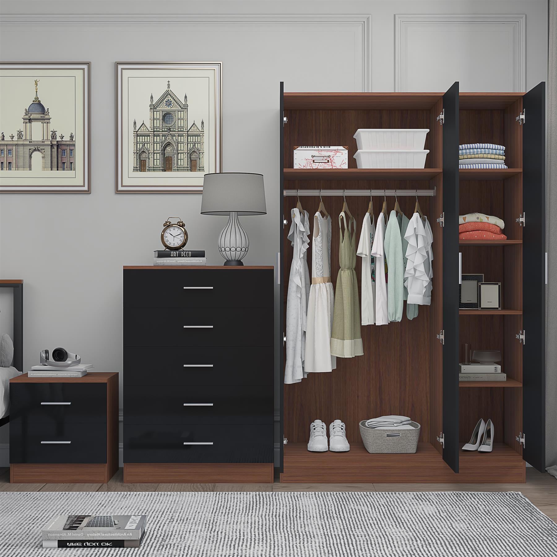 REFLECT Gloss 3pc Set - 3 Door Mirrored Wardrobe + 5 Draw Chest + Bedside
